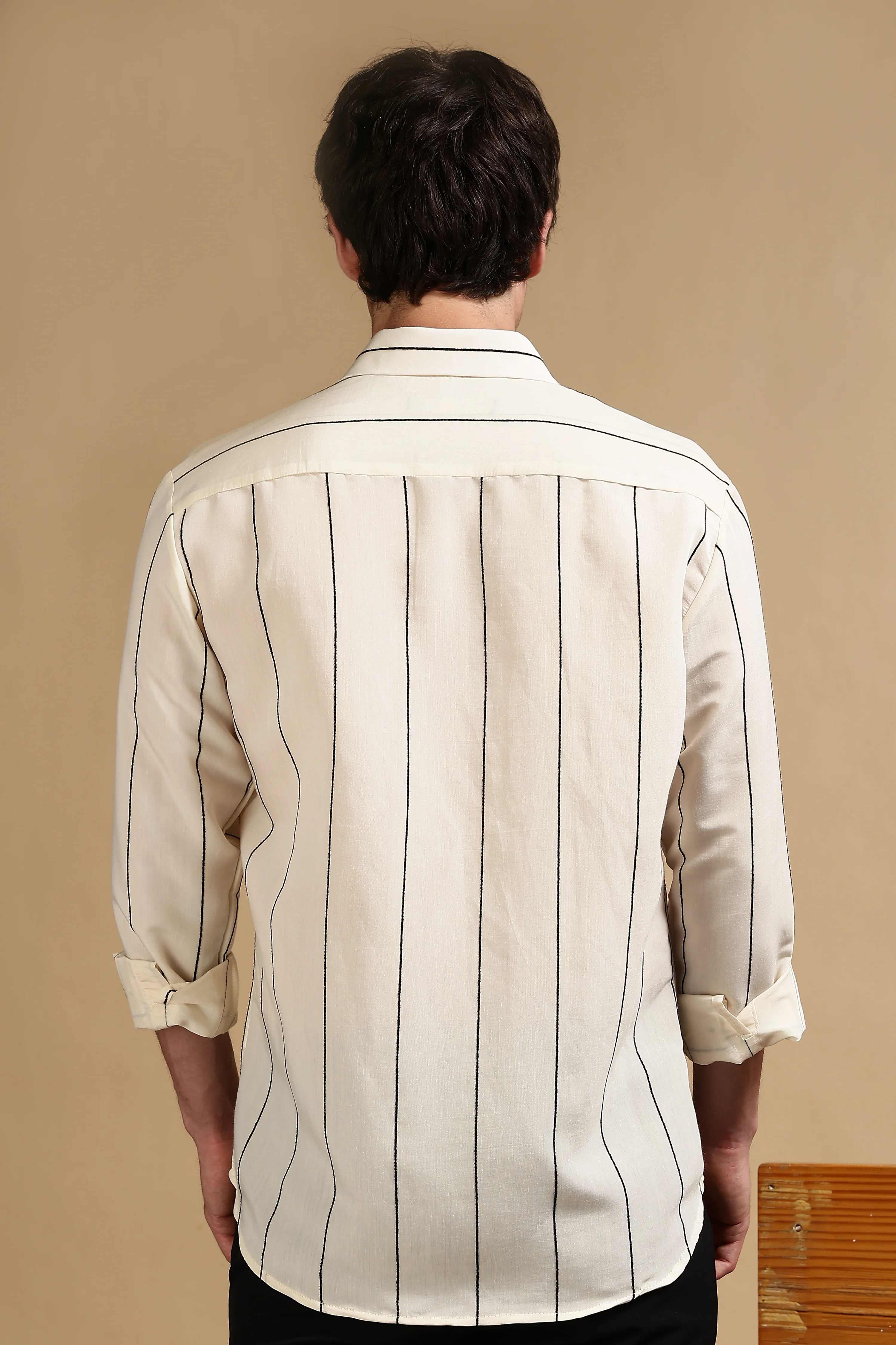 Men Cream Nylon Slim Fit Striped Shirt - Image 4