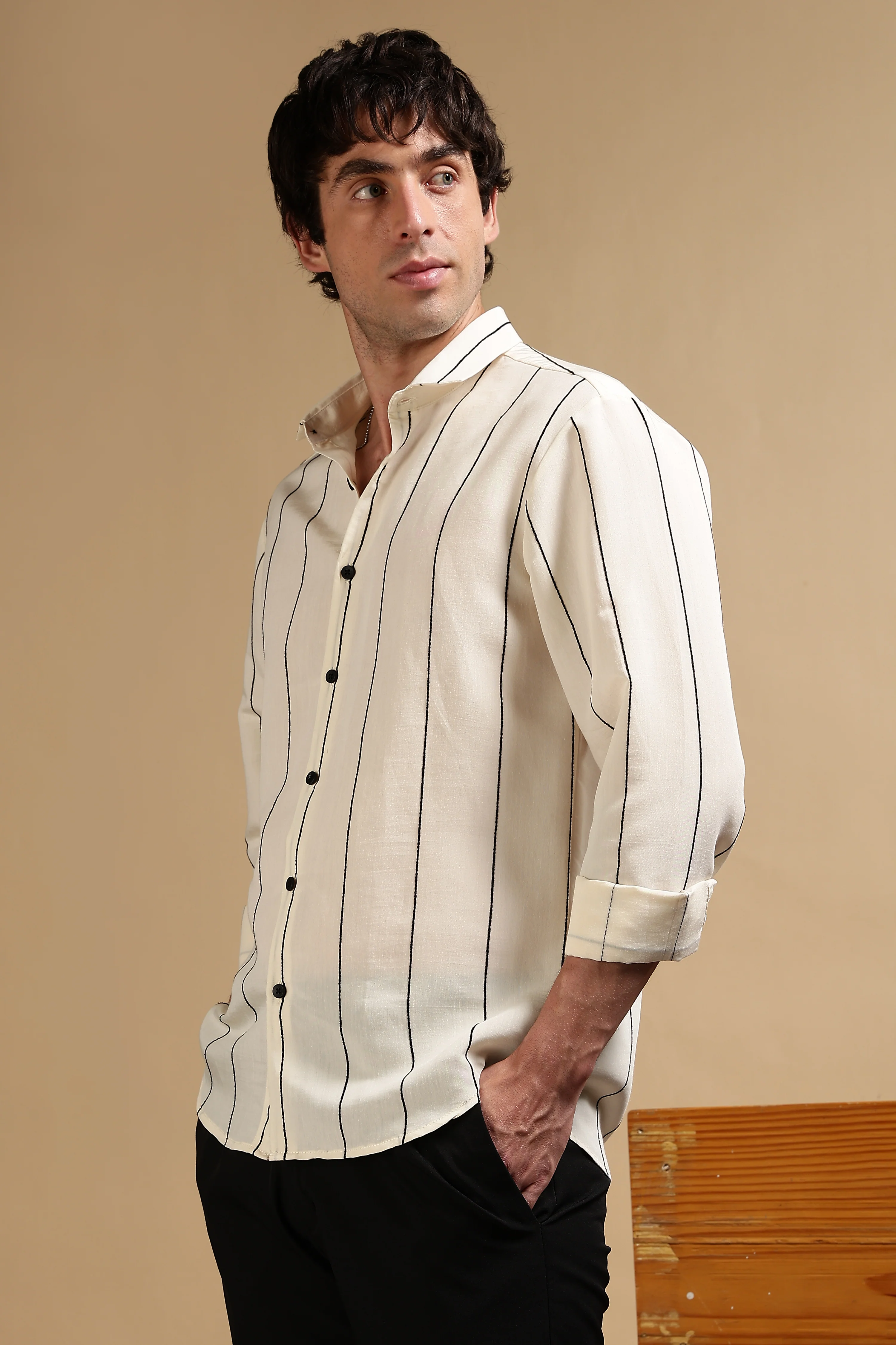 Men Cream Nylon Slim Fit Striped Shirt - Image 5