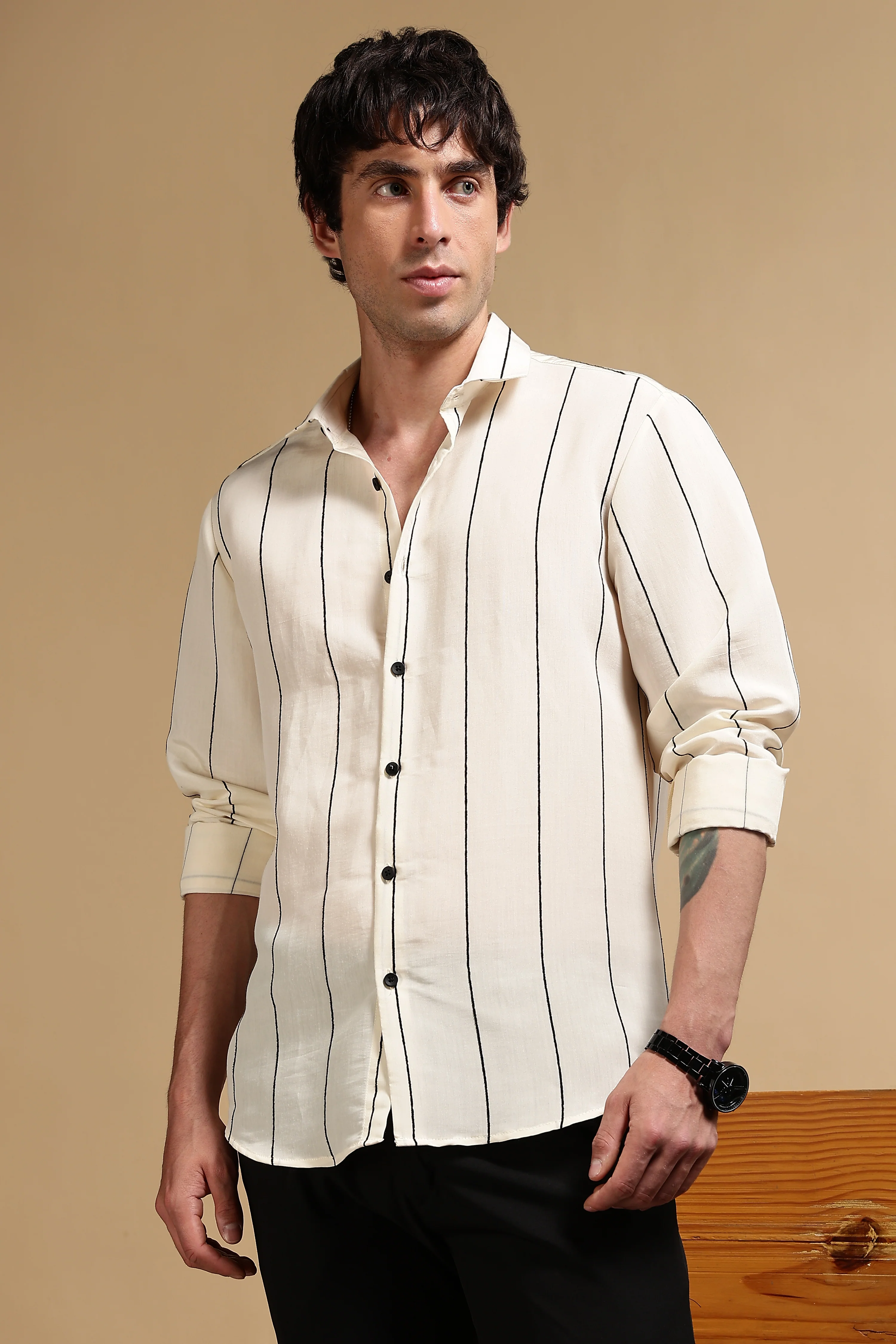 Men Cream Nylon Slim Fit Striped Shirt - Image 8