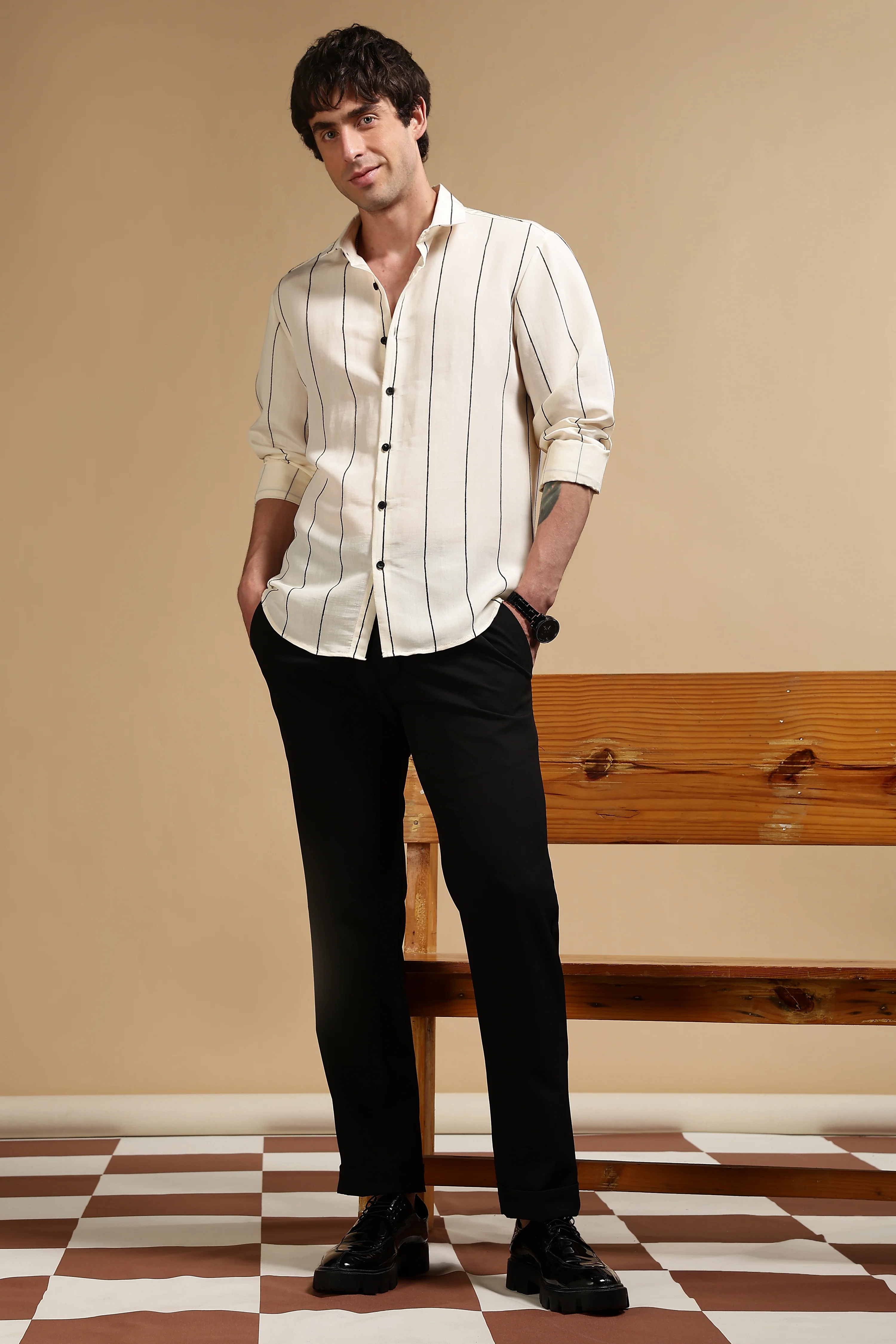Men Cream Nylon Slim Fit Striped Shirt - Image 9