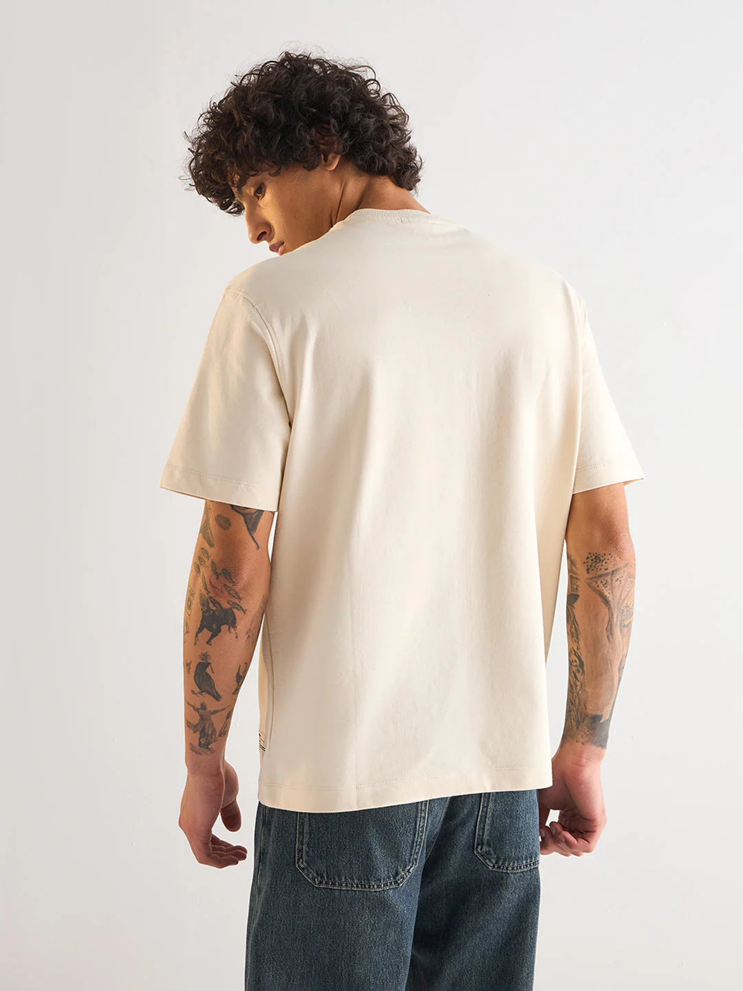 Men Cream Oversize Bold blue "BEAR" Graphic Print Crew Neck T-shirt - Image 2
