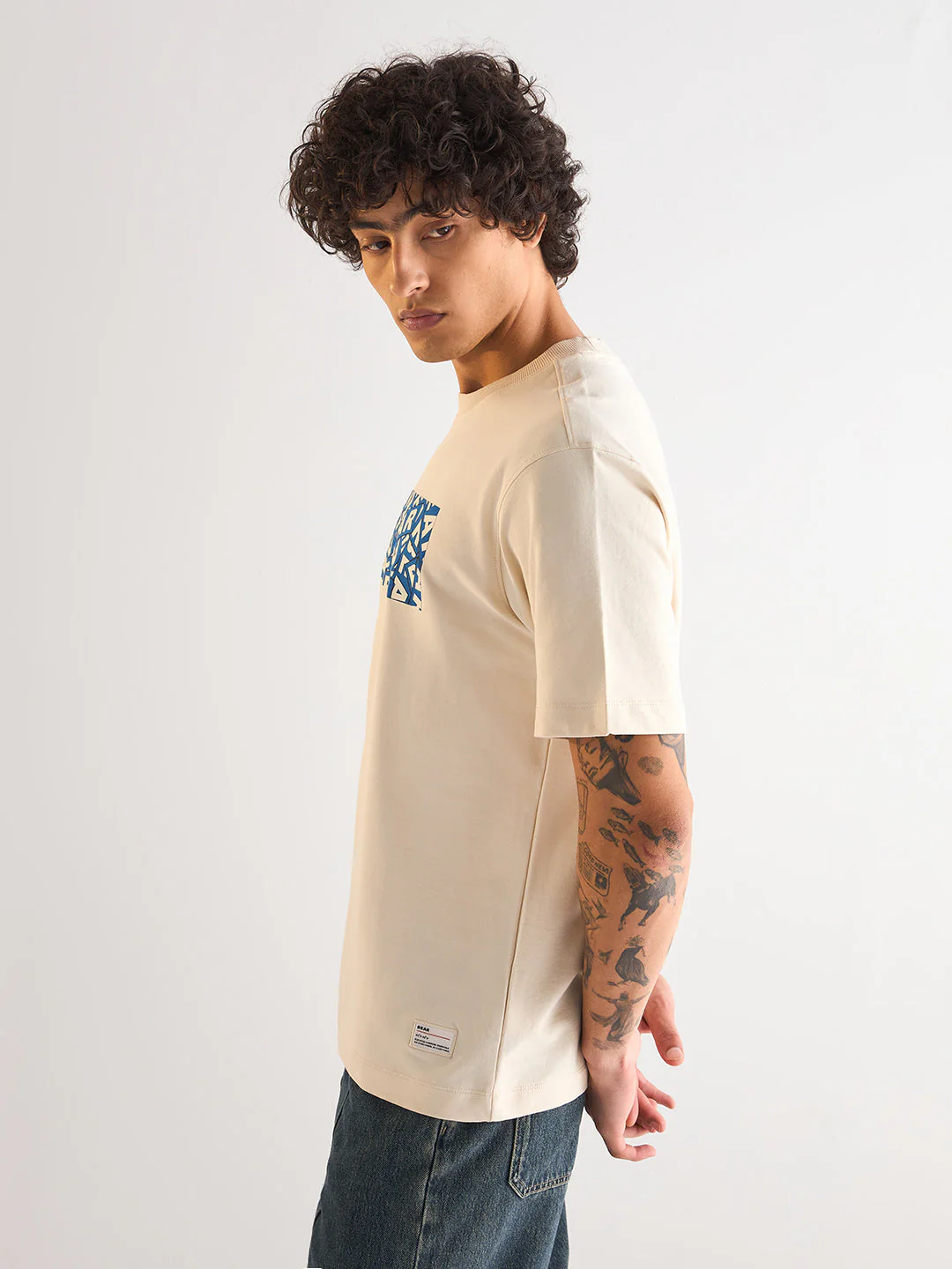 Men Cream Oversize Bold blue "BEAR" Graphic Print Crew Neck T-shirt - Image 3