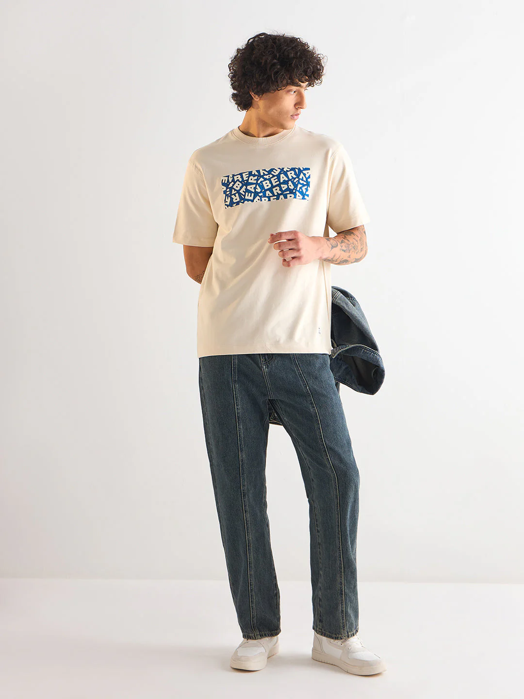 Men Cream Oversize Bold blue "BEAR" Graphic Print Crew Neck T-shirt - Image 4