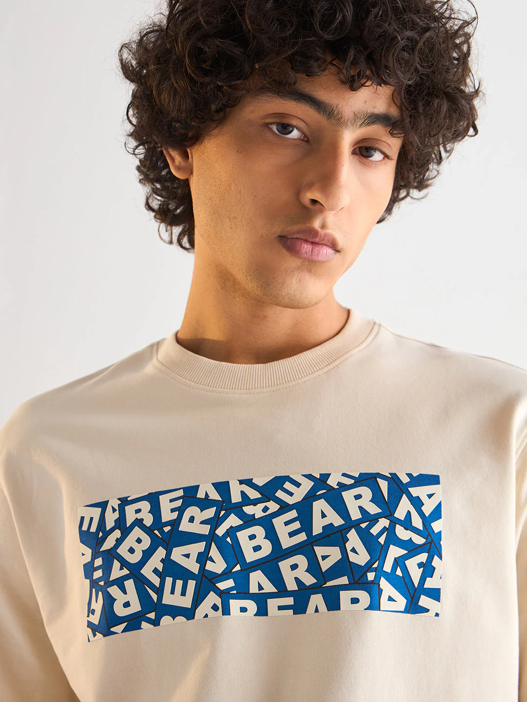 Men Cream Oversize Bold blue "BEAR" Graphic Print Crew Neck T-shirt - Image 5