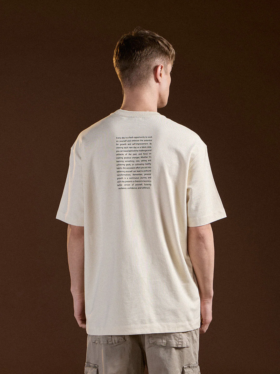 Men Cream Oversize Floral Graphic Print Crew Neck T-shirt - Image 2