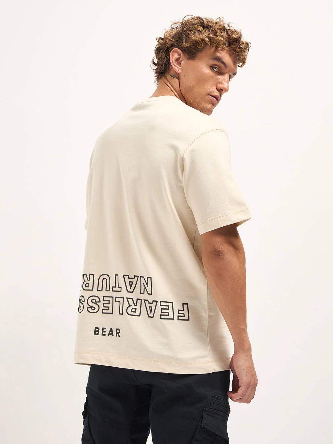 Men Cream Oversized Crew Neck T-Shirt - Image 2