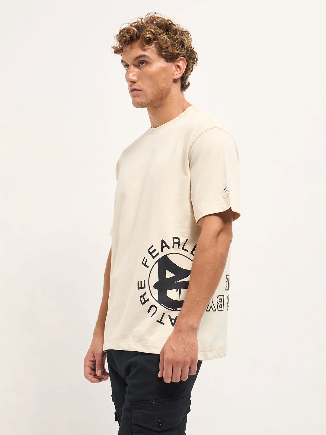 Men Cream Oversized Crew Neck T-Shirt - Image 3