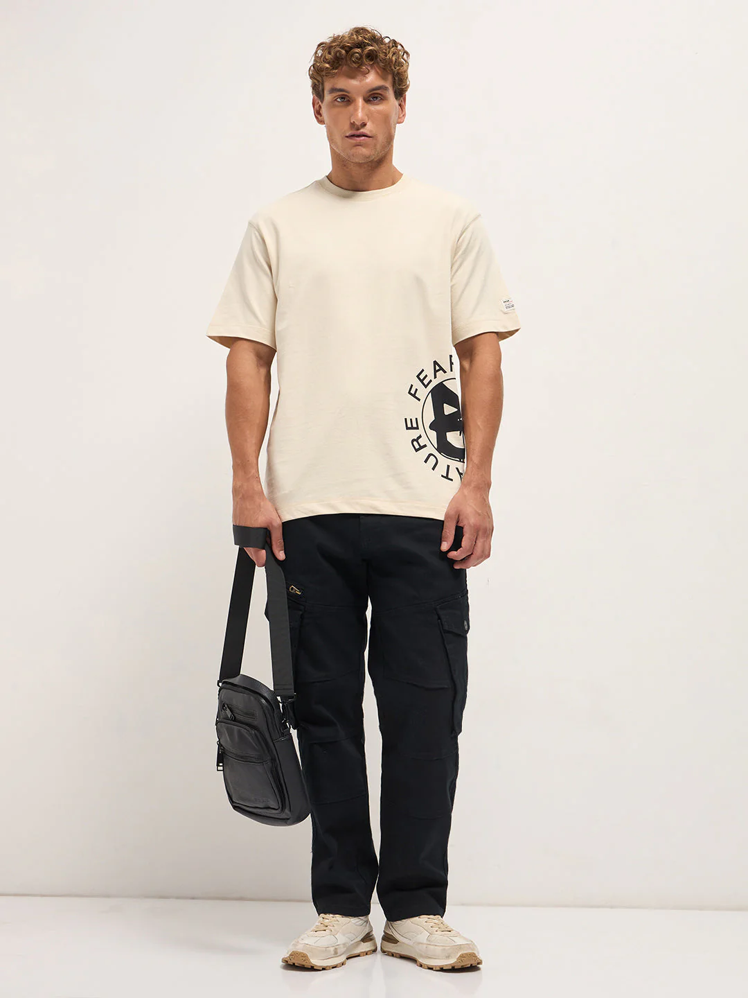 Men Cream Oversized Crew Neck T-Shirt - Image 4