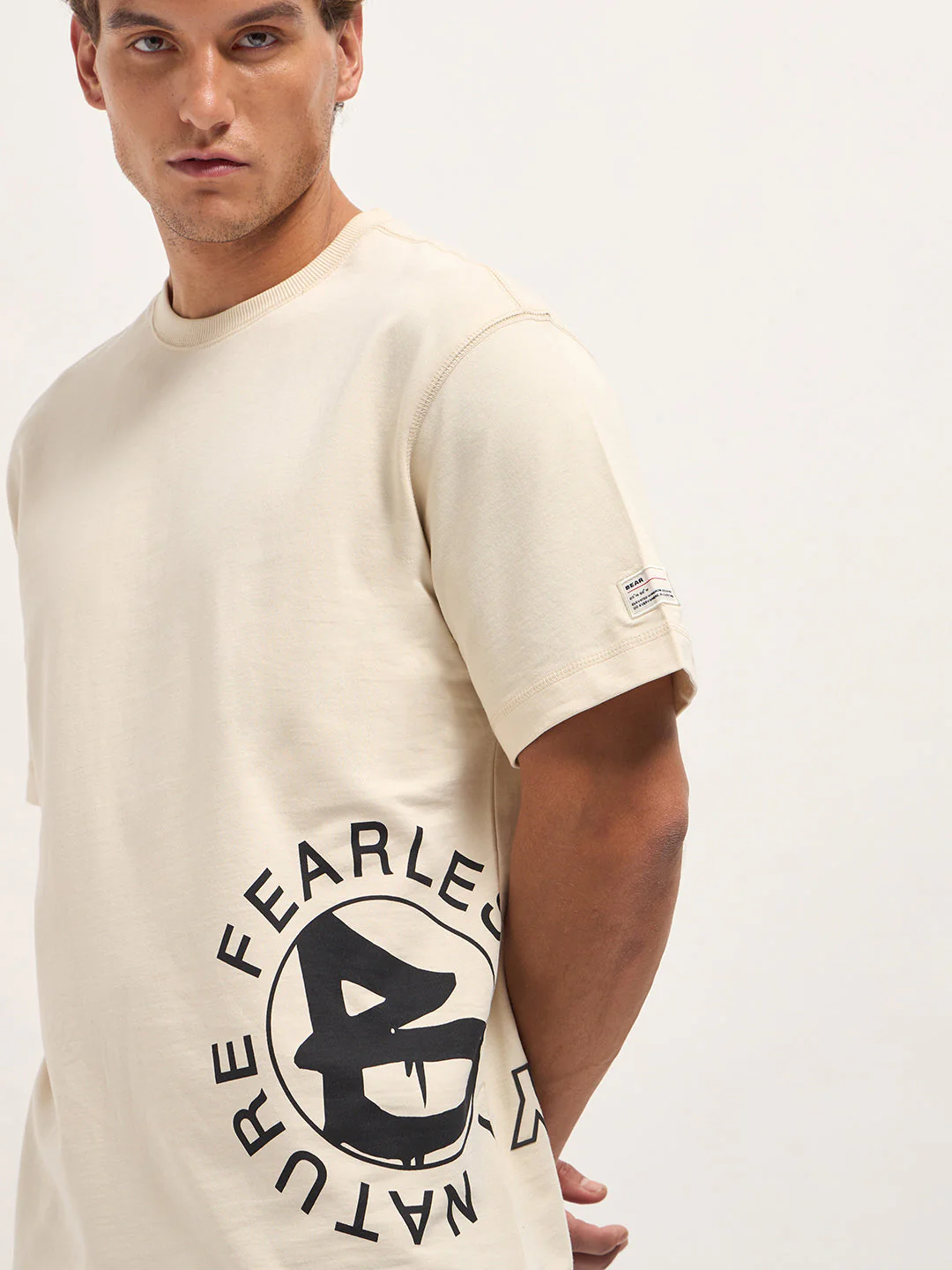 Men Cream Oversized Crew Neck T-Shirt - Image 5