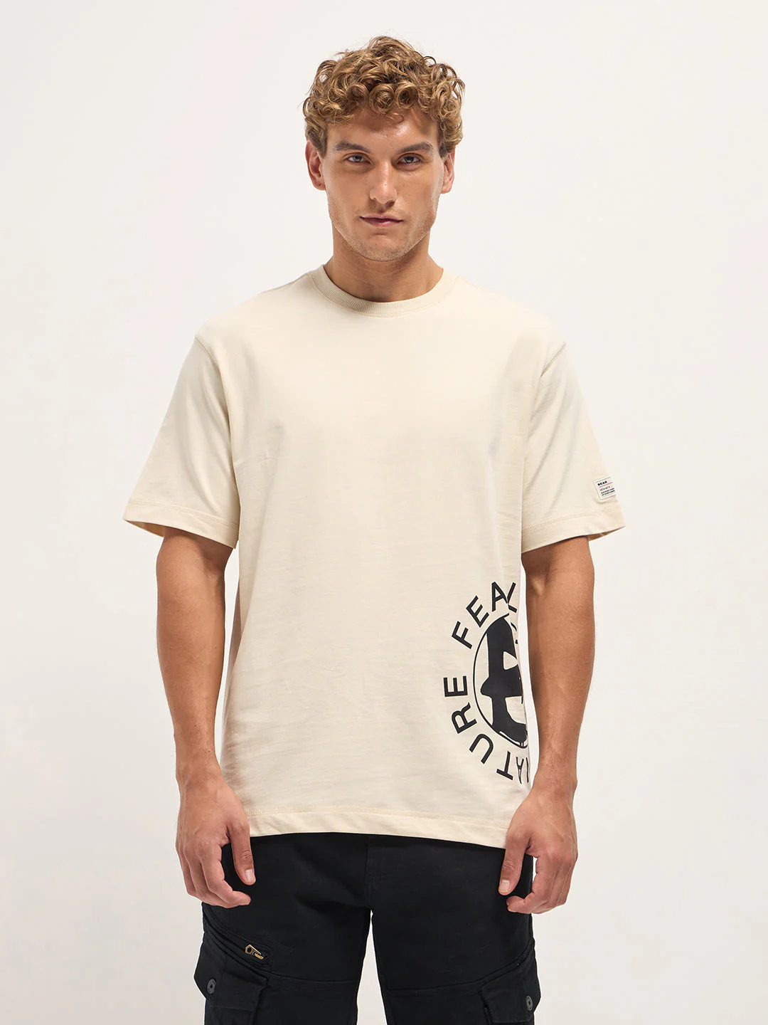 Men Cream Oversized Crew Neck T-Shirt - Image 6