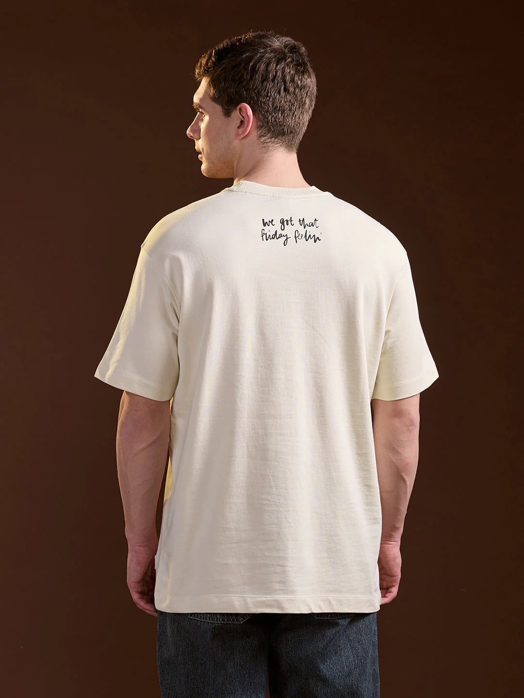 Men Cream Oversized Graphic Print Crew Neck T-shirt - Image 2