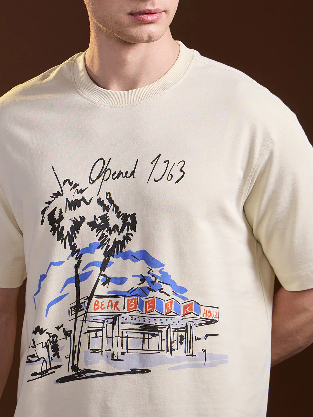 Men Cream Oversized Graphic Print Crew Neck T-shirt - Image 5