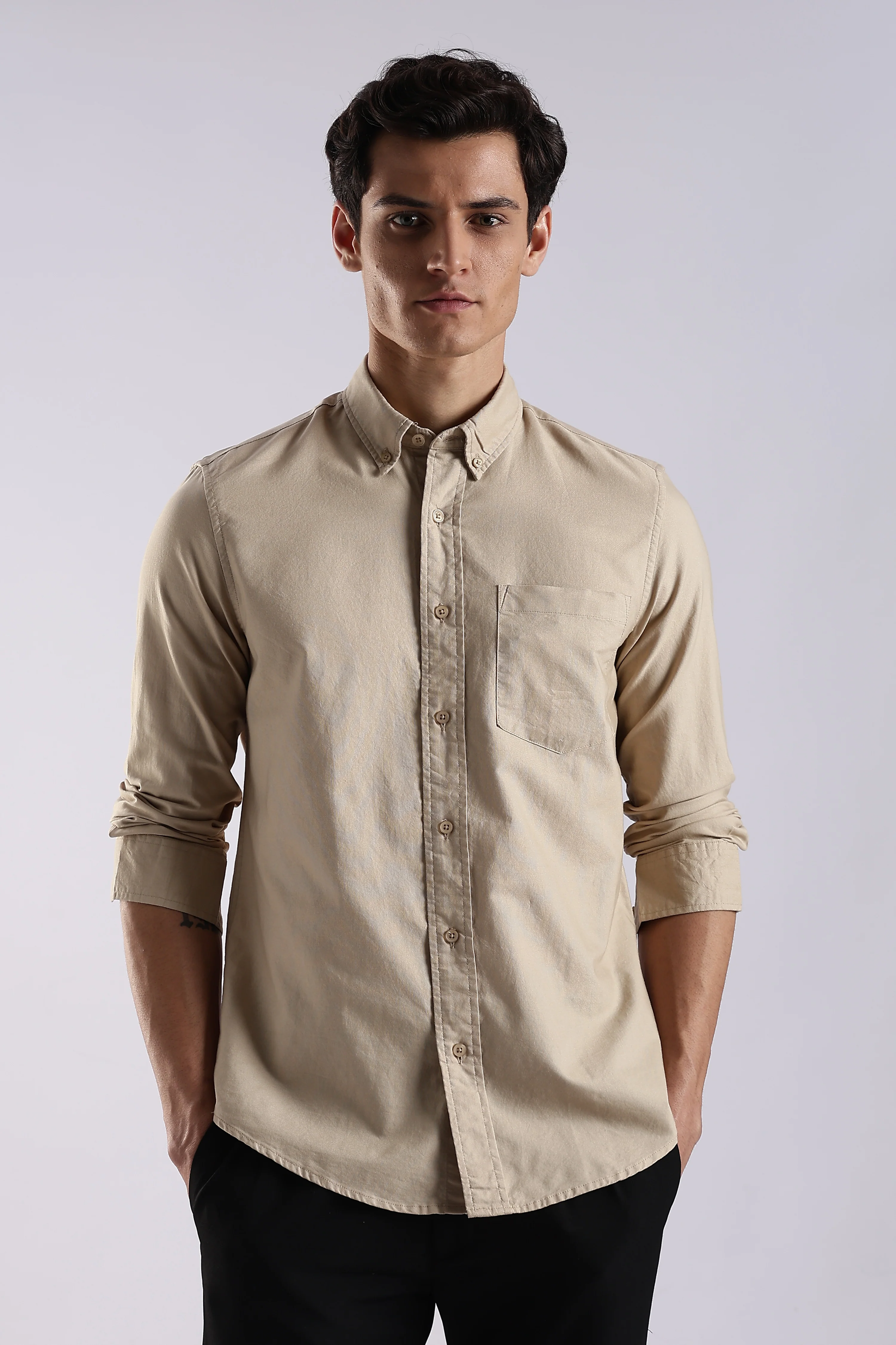Men Cream Oxford Solid Shirt