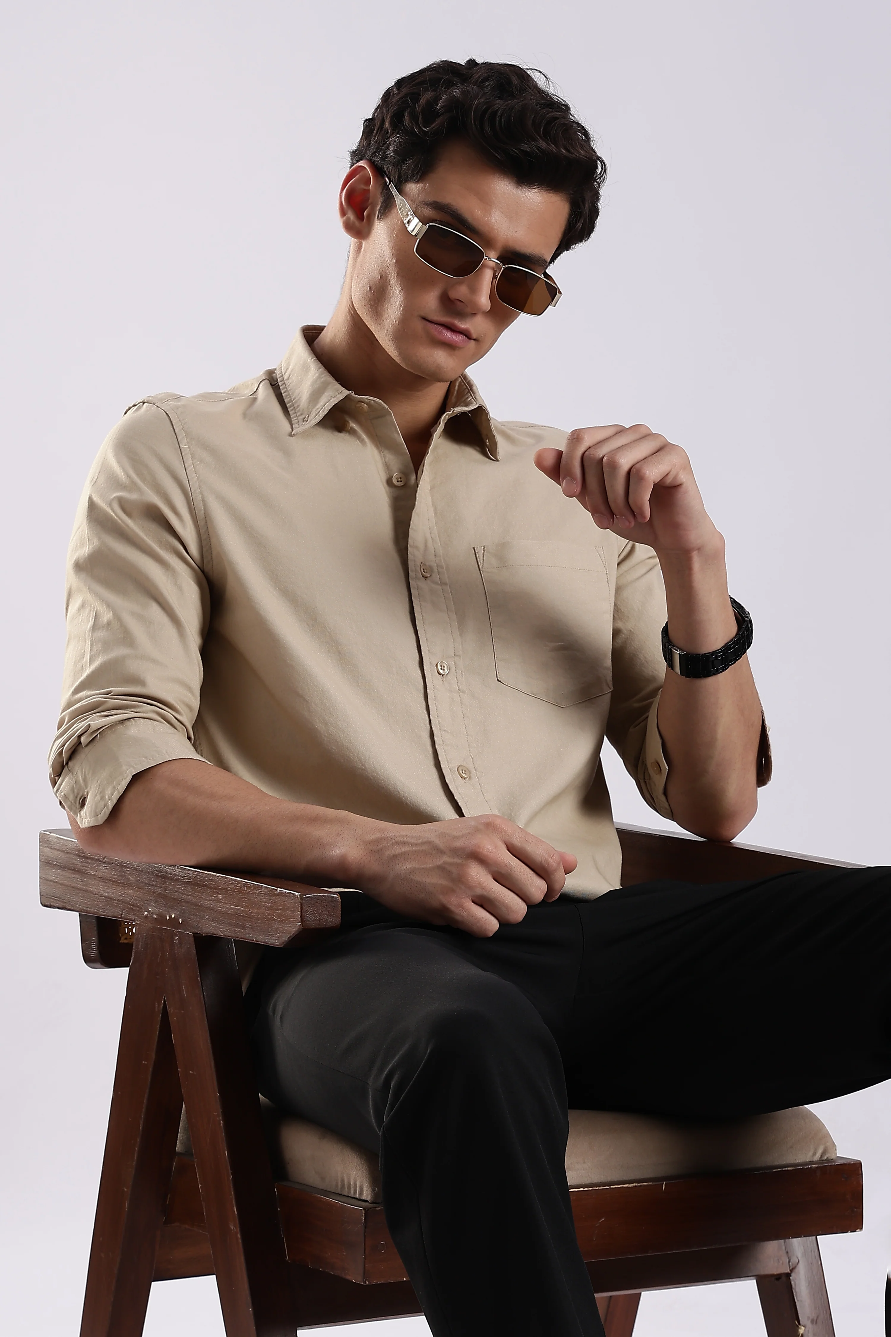Men Cream Oxford Solid Shirt - Image 10
