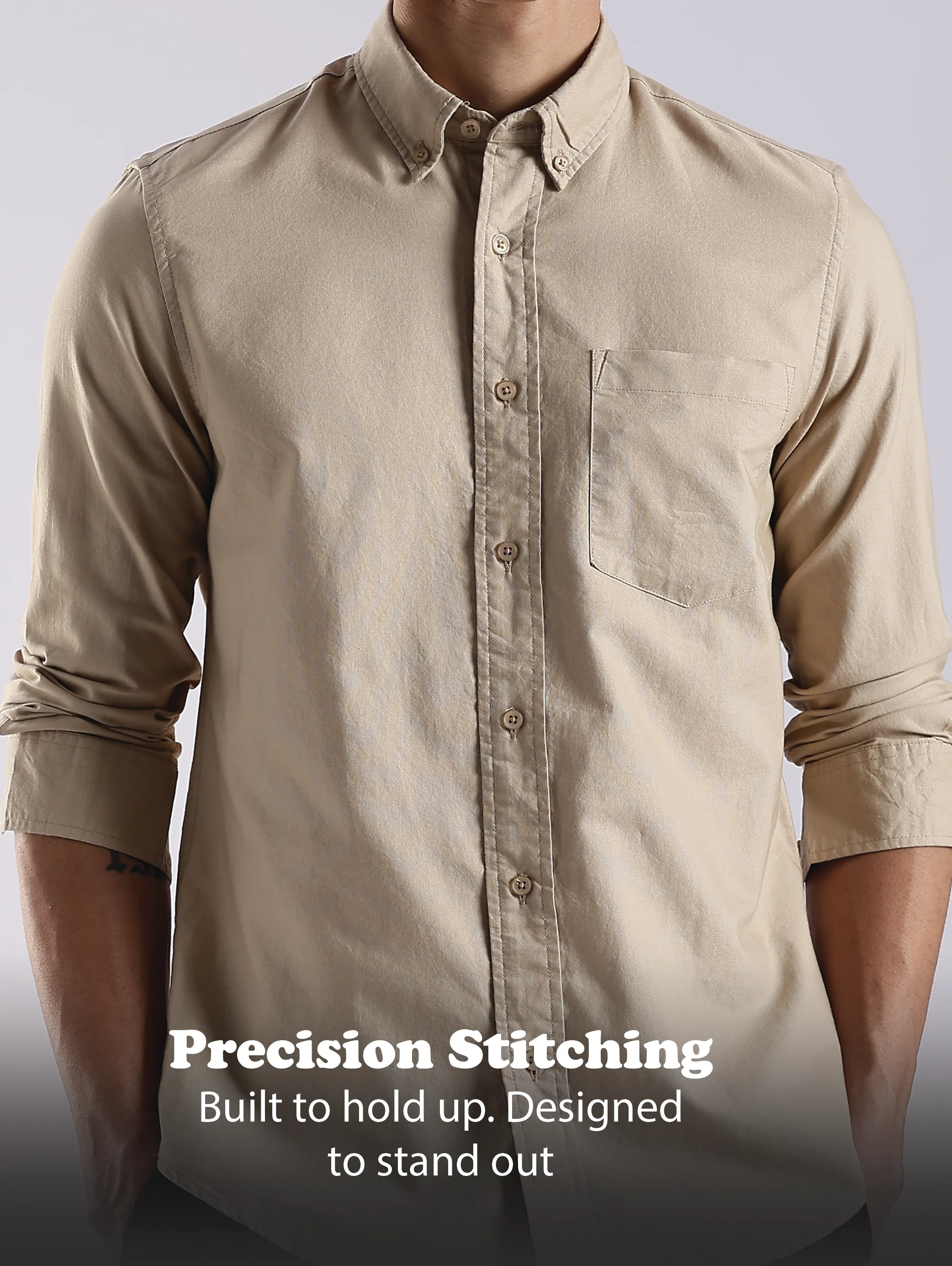 Men Cream Oxford Solid Shirt - Image 12