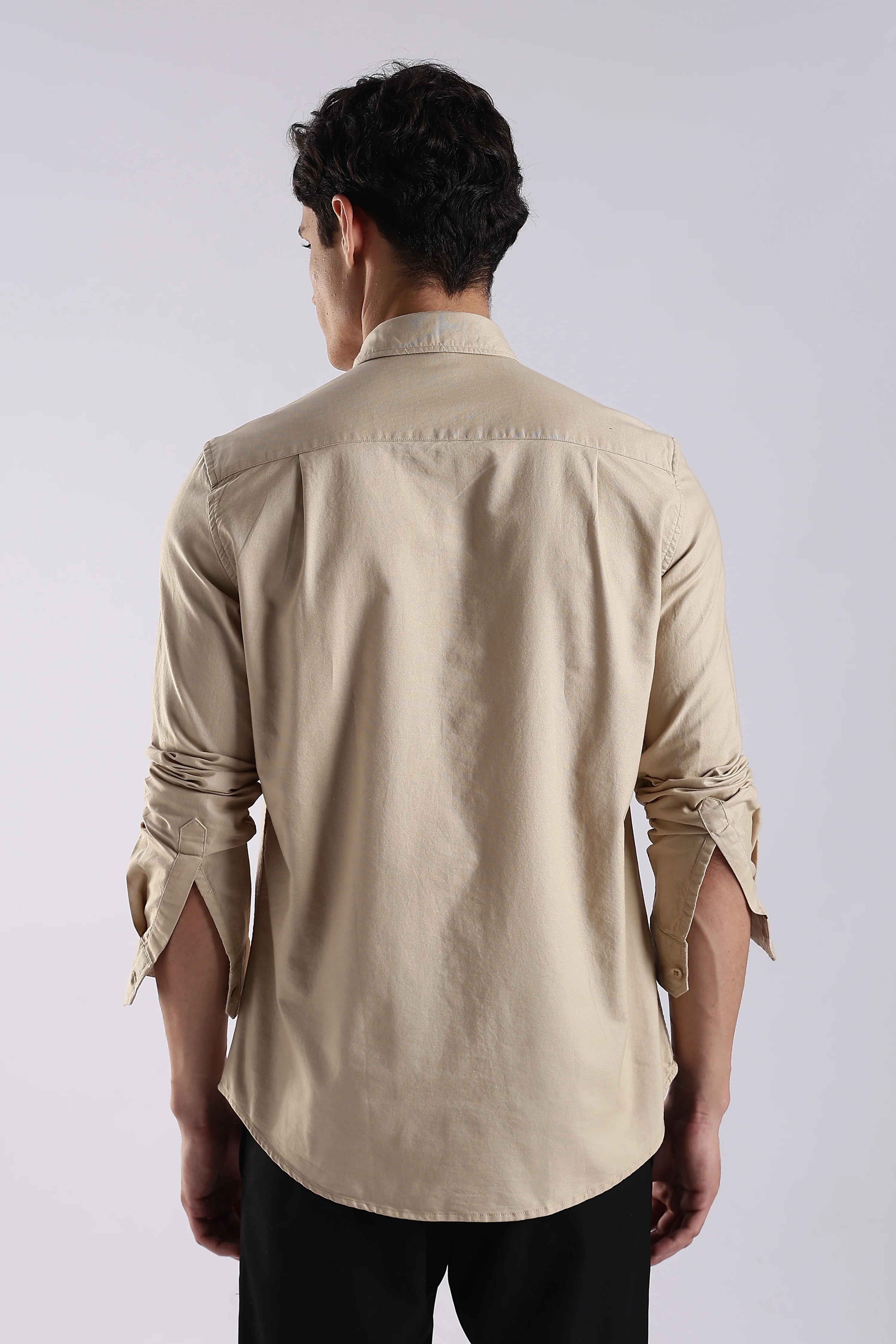 Men Cream Oxford Solid Shirt - Image 2