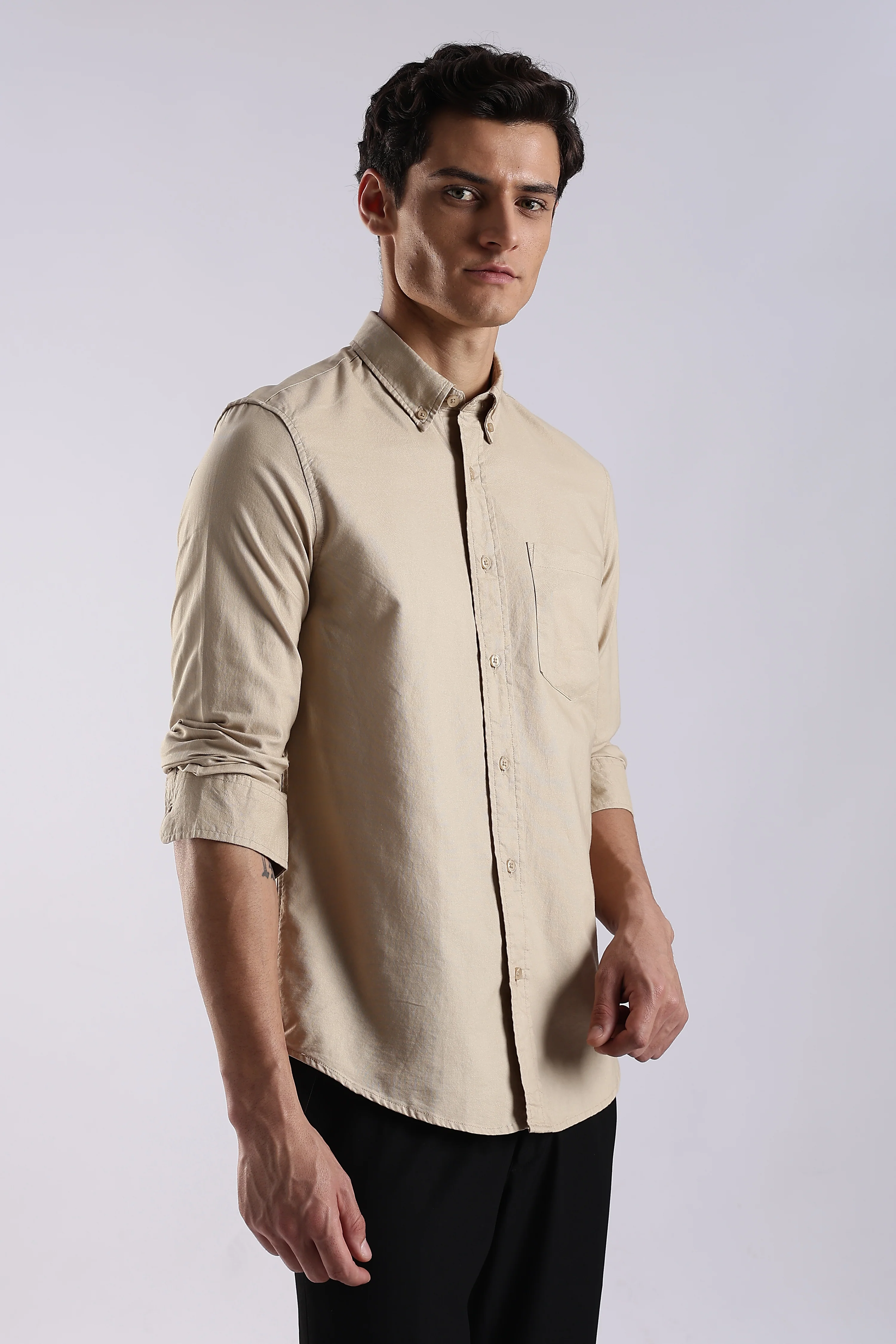 Men Cream Oxford Solid Shirt - Image 4