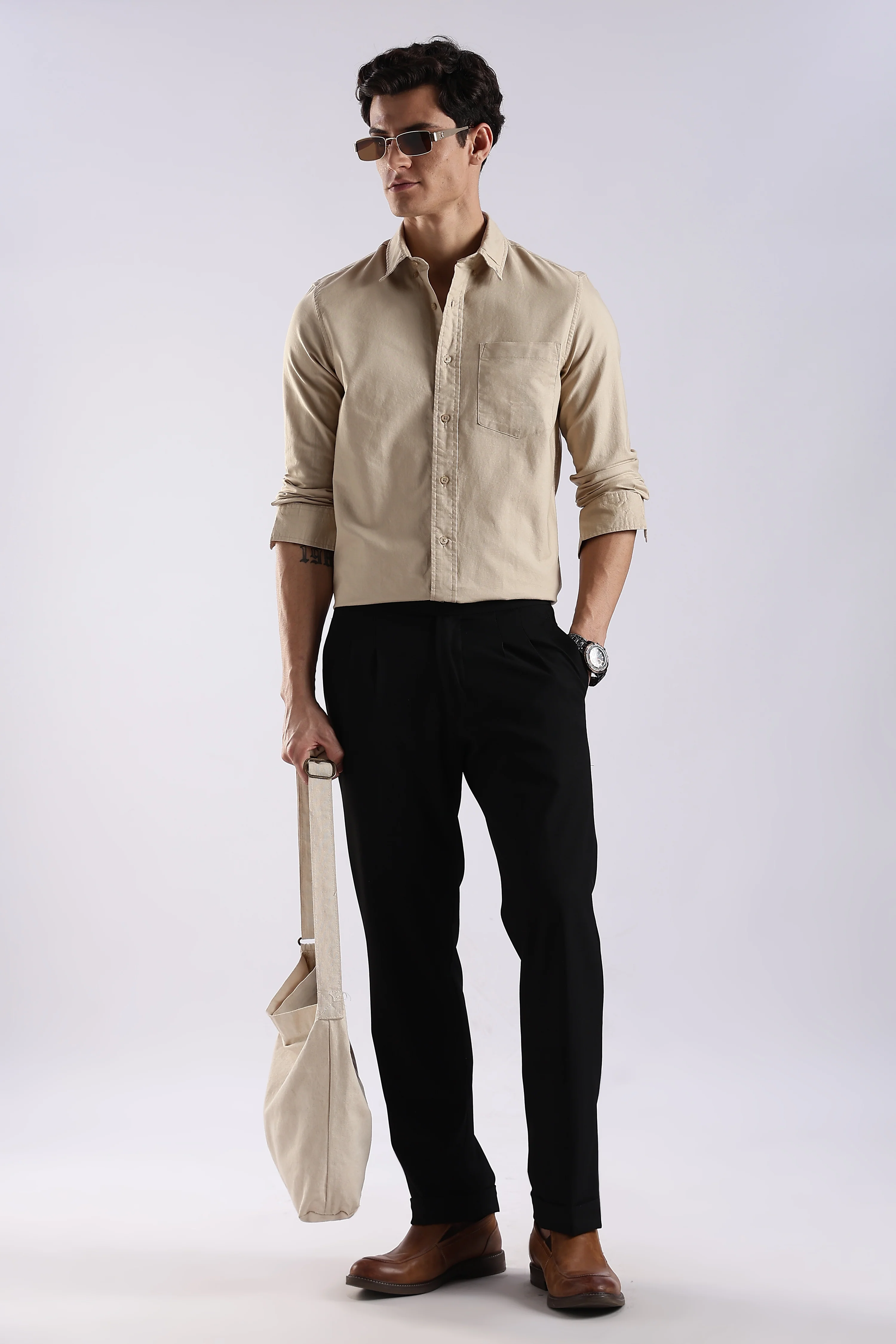 Men Cream Oxford Solid Shirt - Image 6