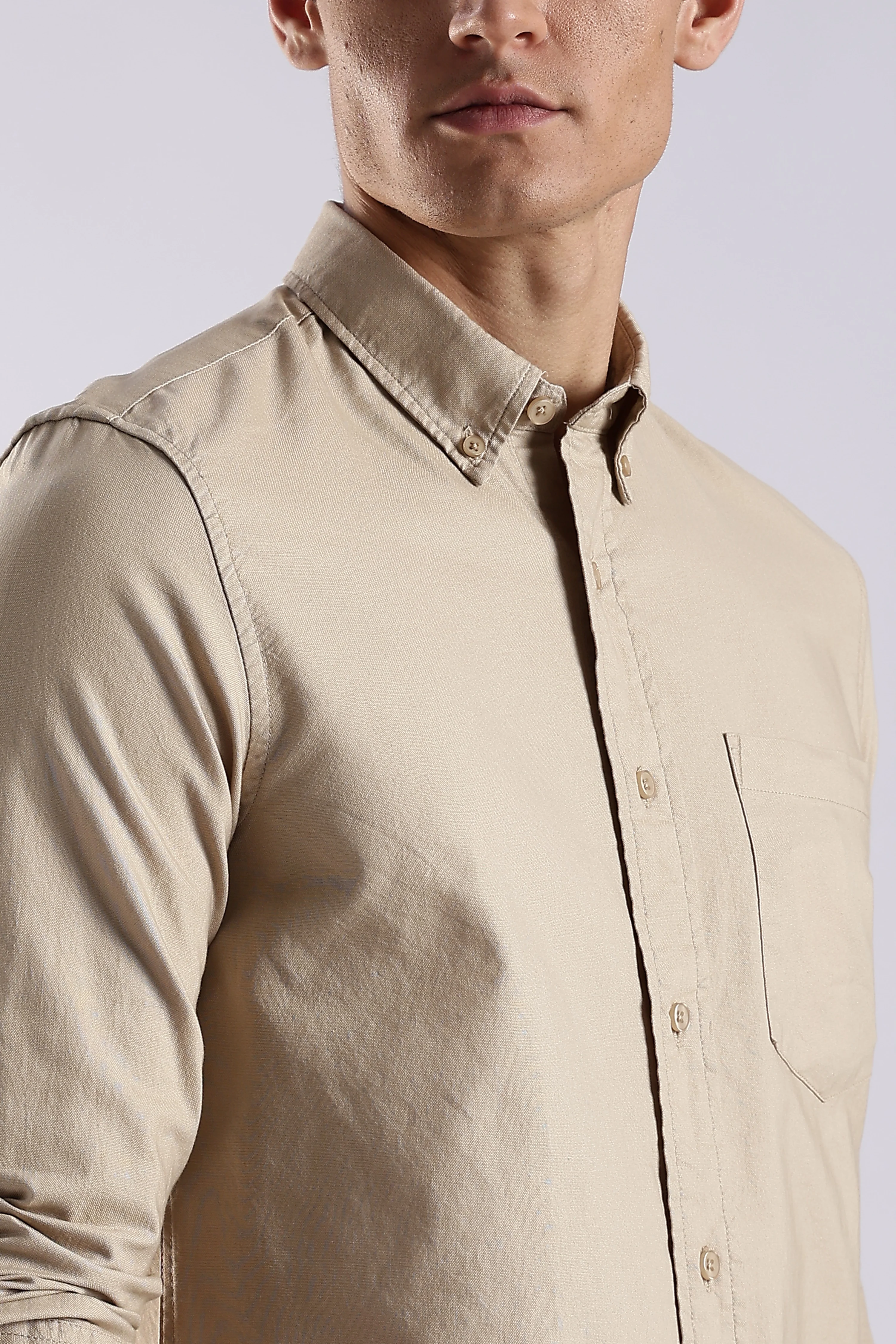 Men Cream Oxford Solid Shirt - Image 7
