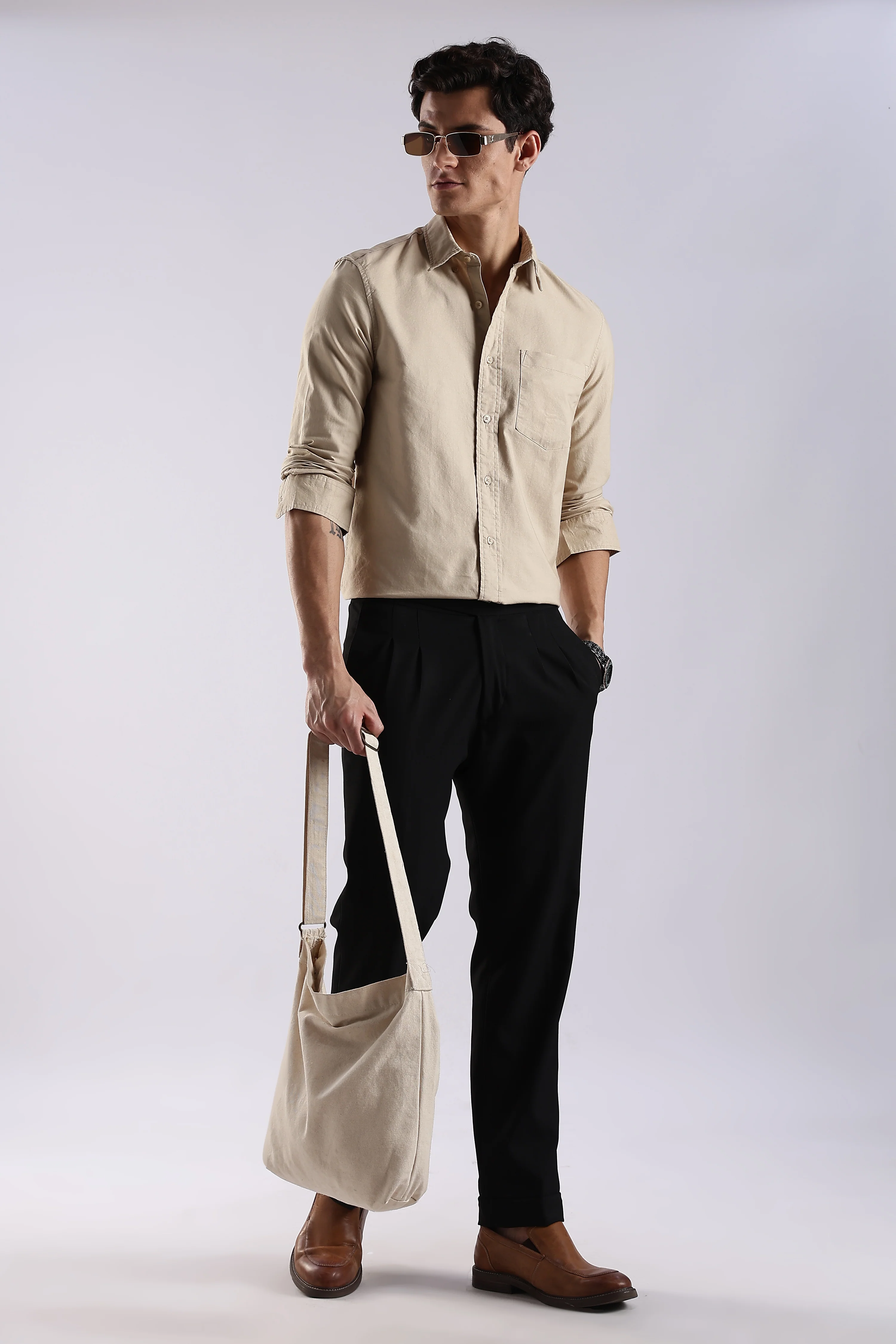 Men Cream Oxford Solid Shirt - Image 9