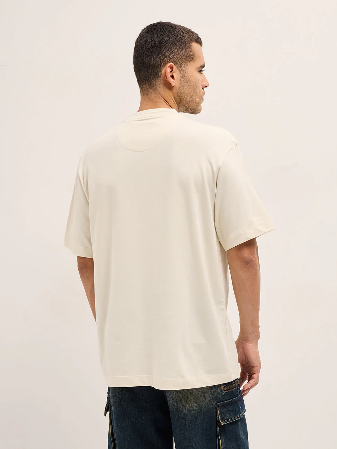 Men Cream Pixelated Smiley Face Oversize Crew Neck T-shirt - Image 2