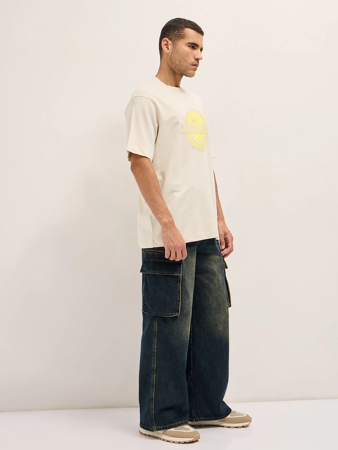 Men Cream Pixelated Smiley Face Oversize Crew Neck T-shirt - Image 3
