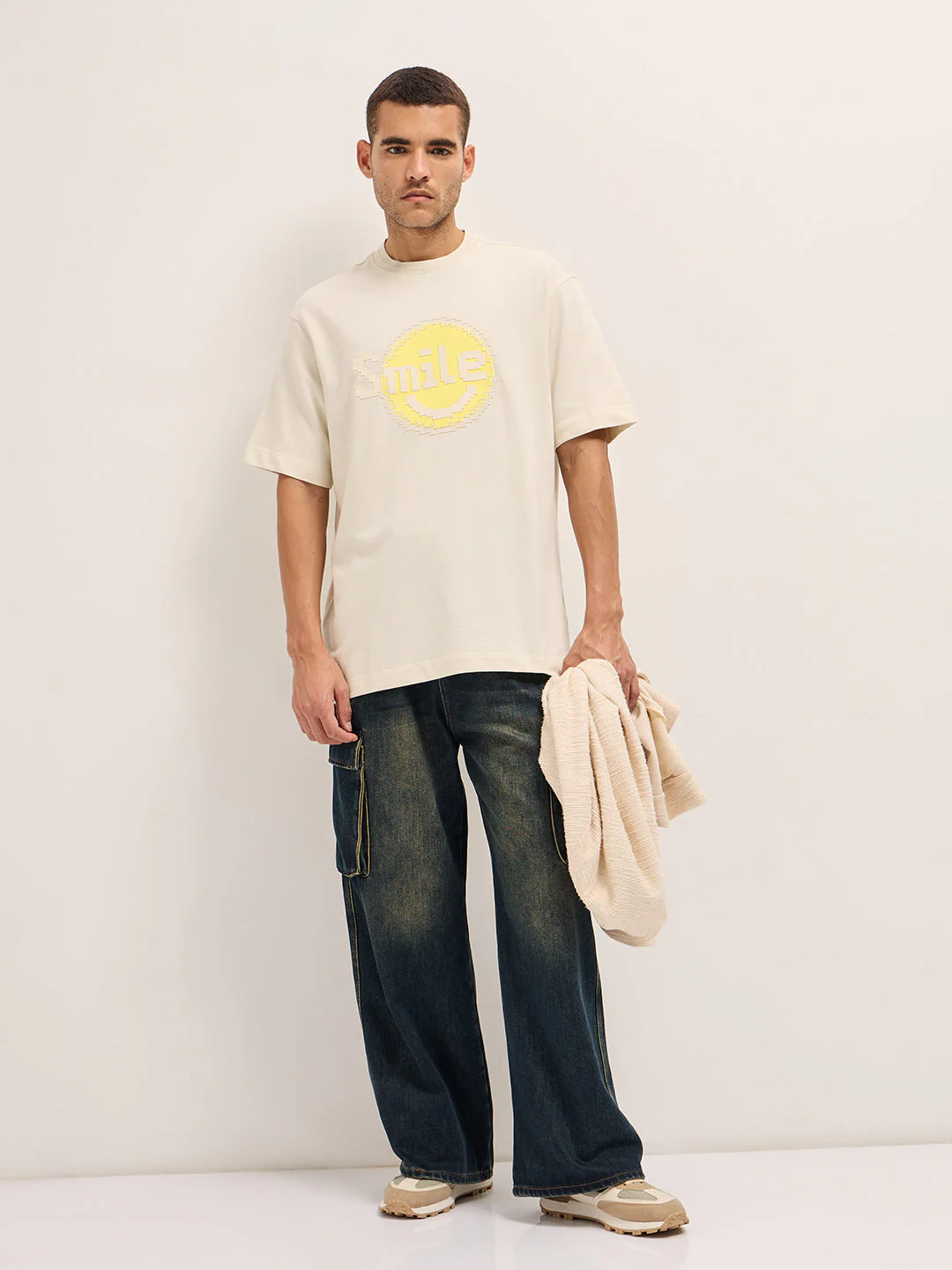 Men Cream Pixelated Smiley Face Oversize Crew Neck T-shirt - Image 4