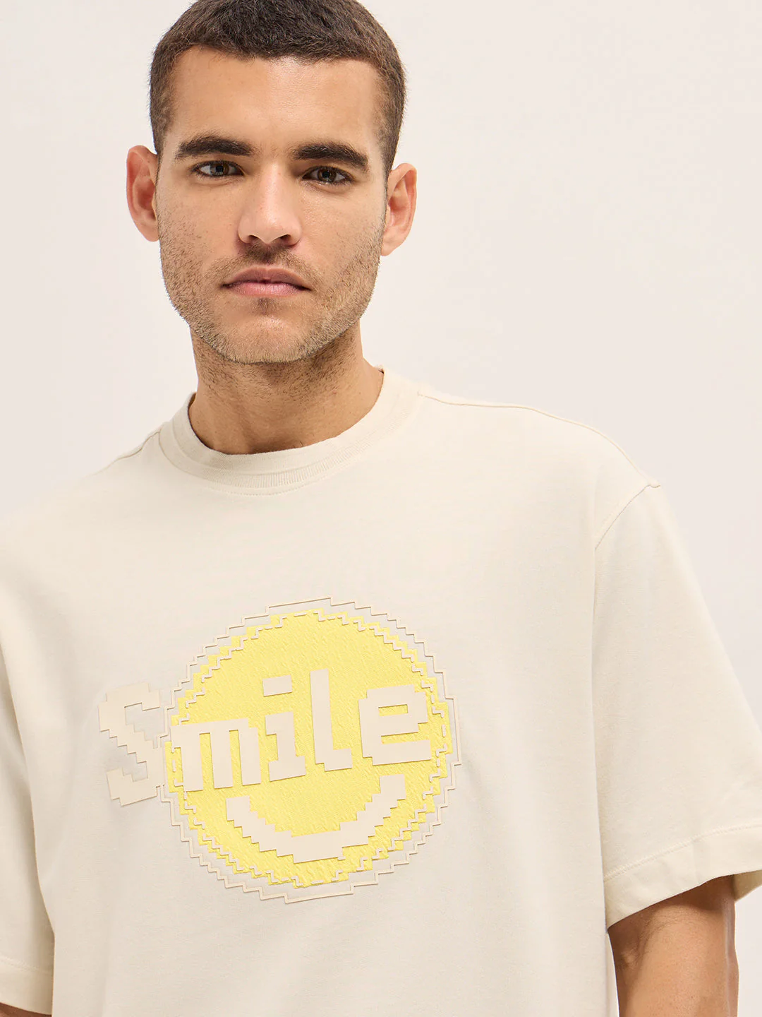 Men Cream Pixelated Smiley Face Oversize Crew Neck T-shirt - Image 5
