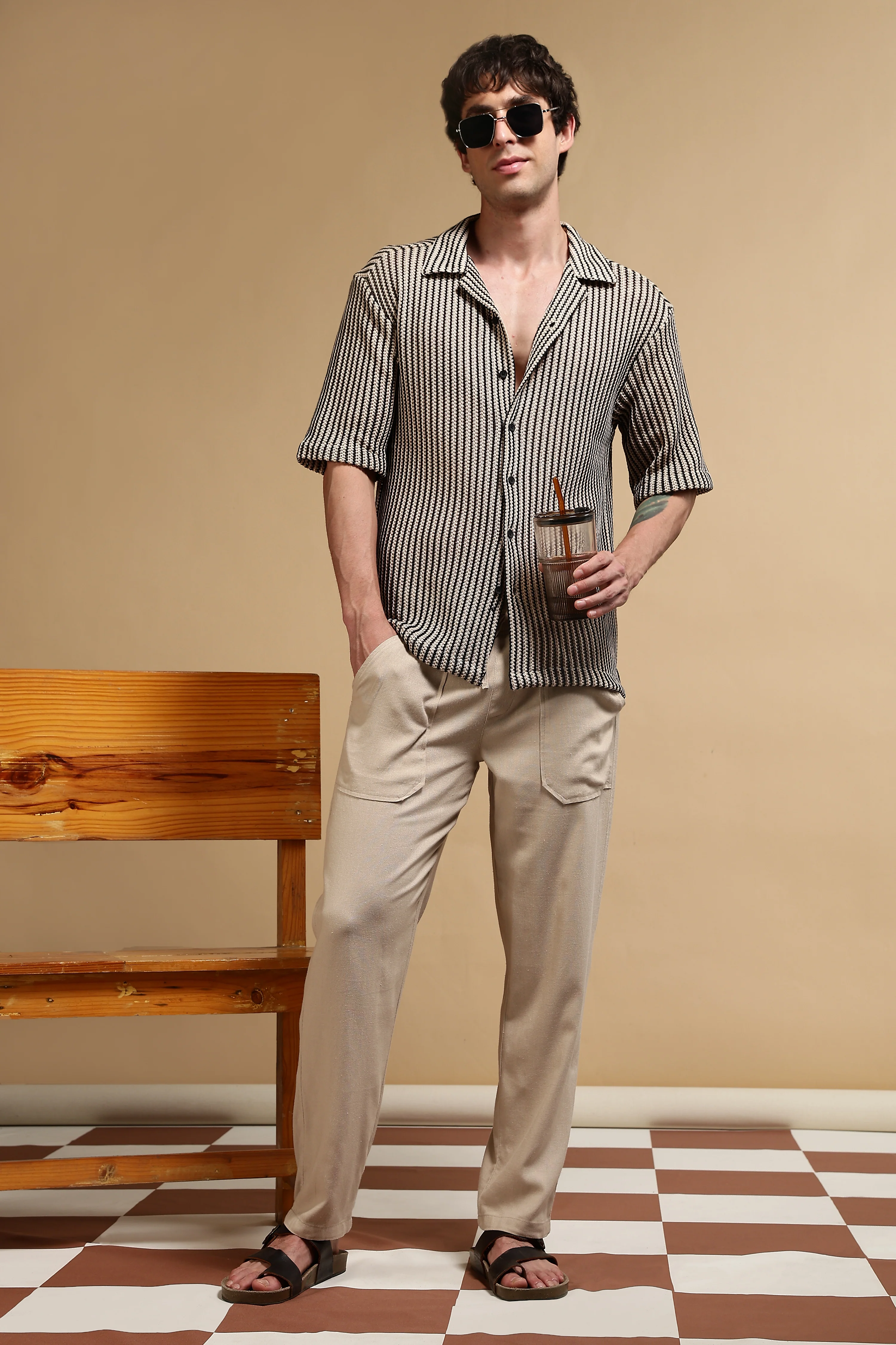 Men Cream Polyester Relaxed Fit Shirt - Image 2