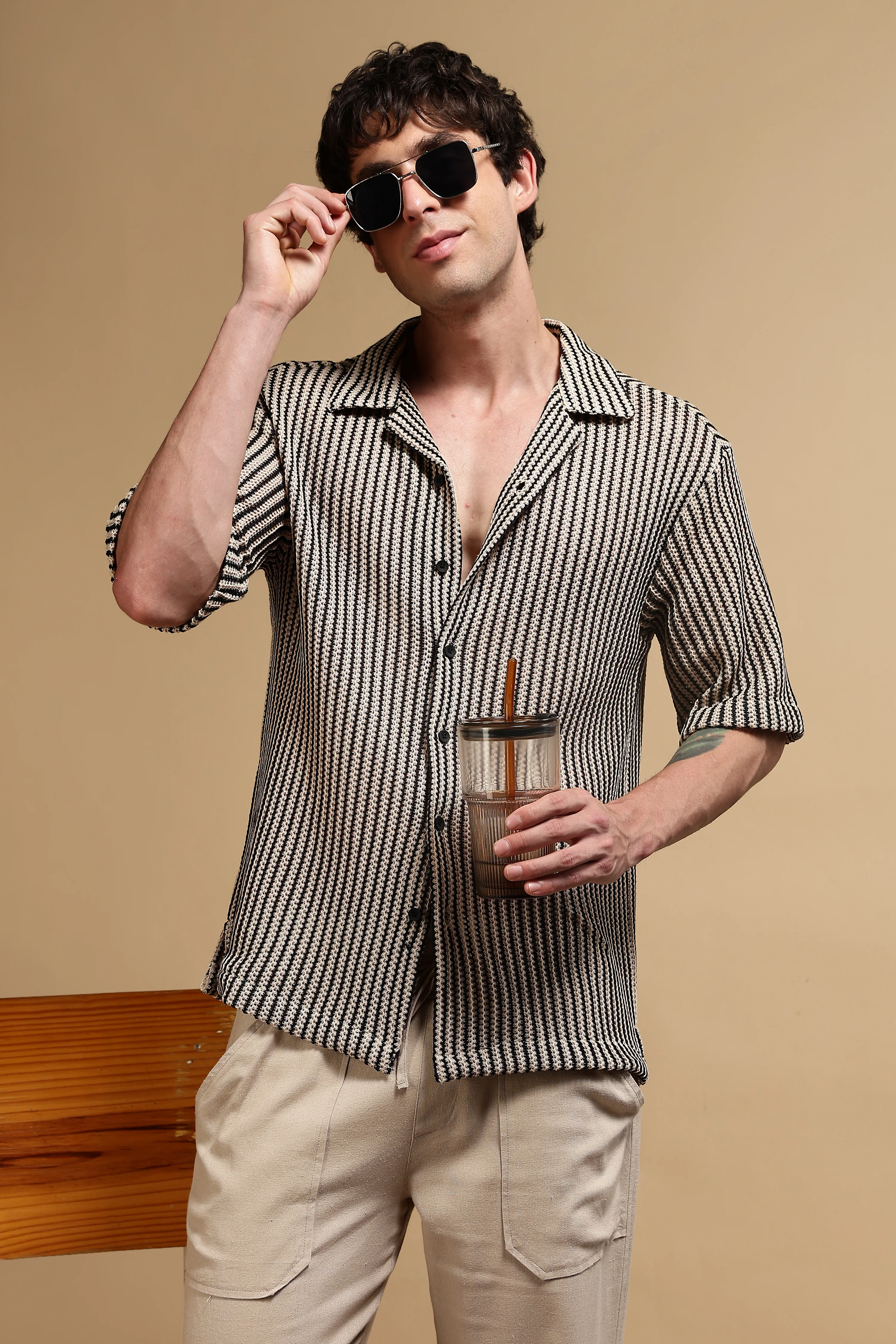 Men Cream Polyester Relaxed Fit Shirt - Image 8