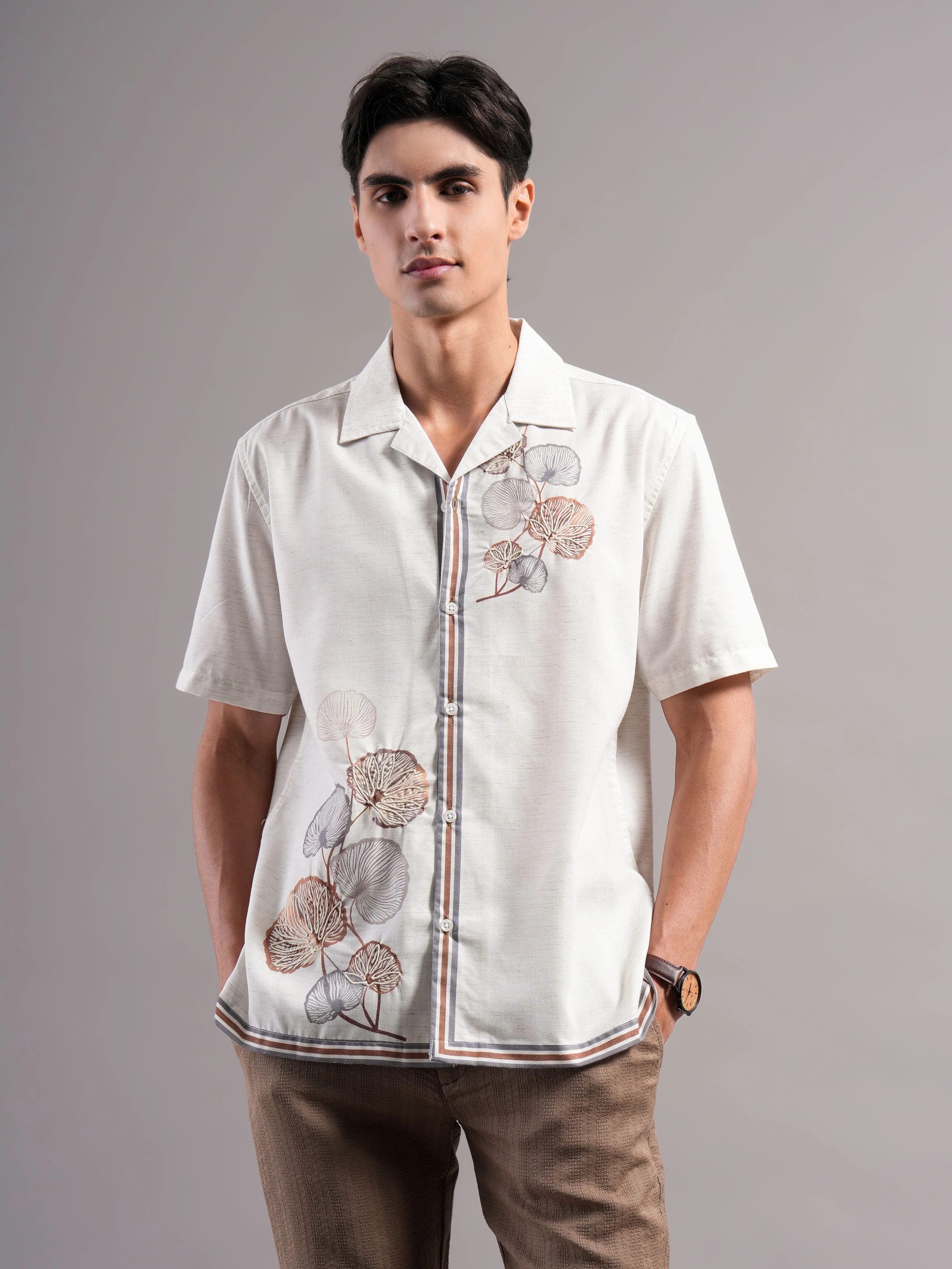 Men Cream Printed Casual Shirt - Image 3