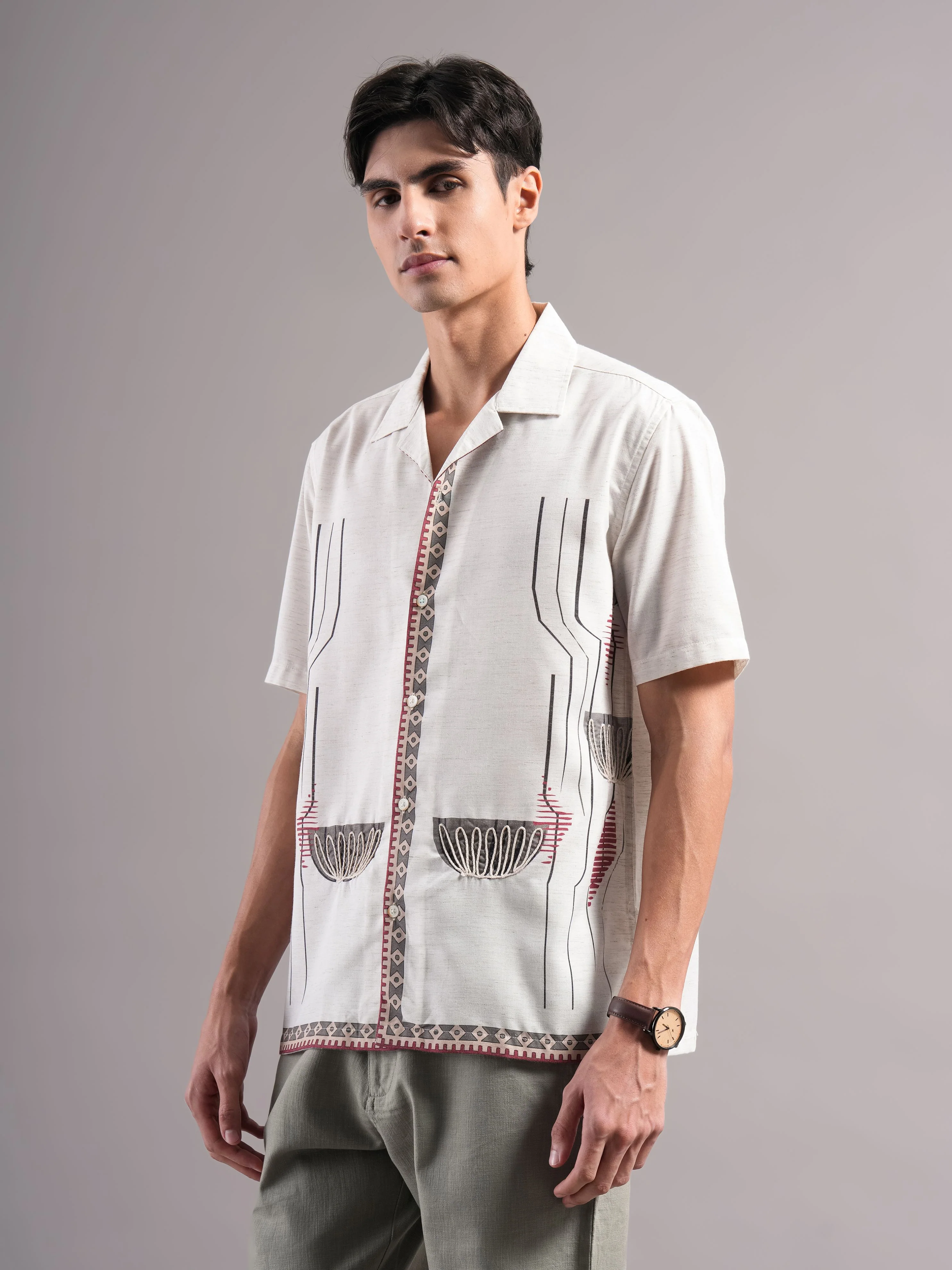 Men Cream Printed Casual Shirt - Image 5