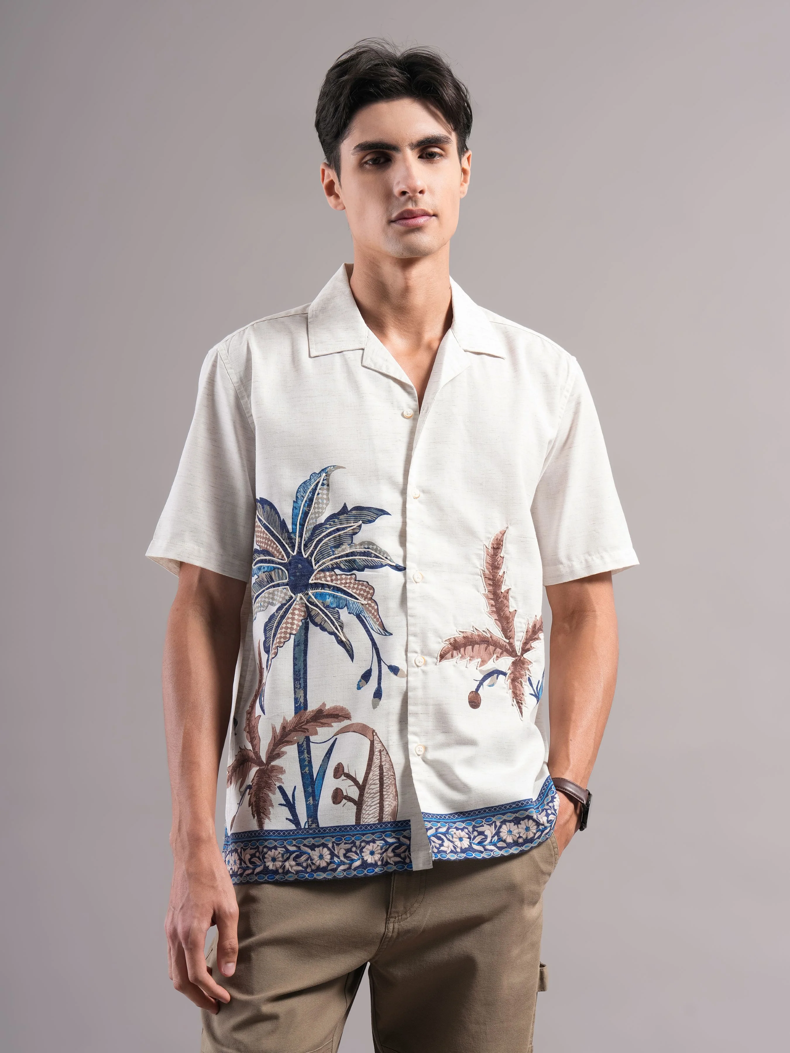 Men Cream Printed Casual Shirt - Image 7