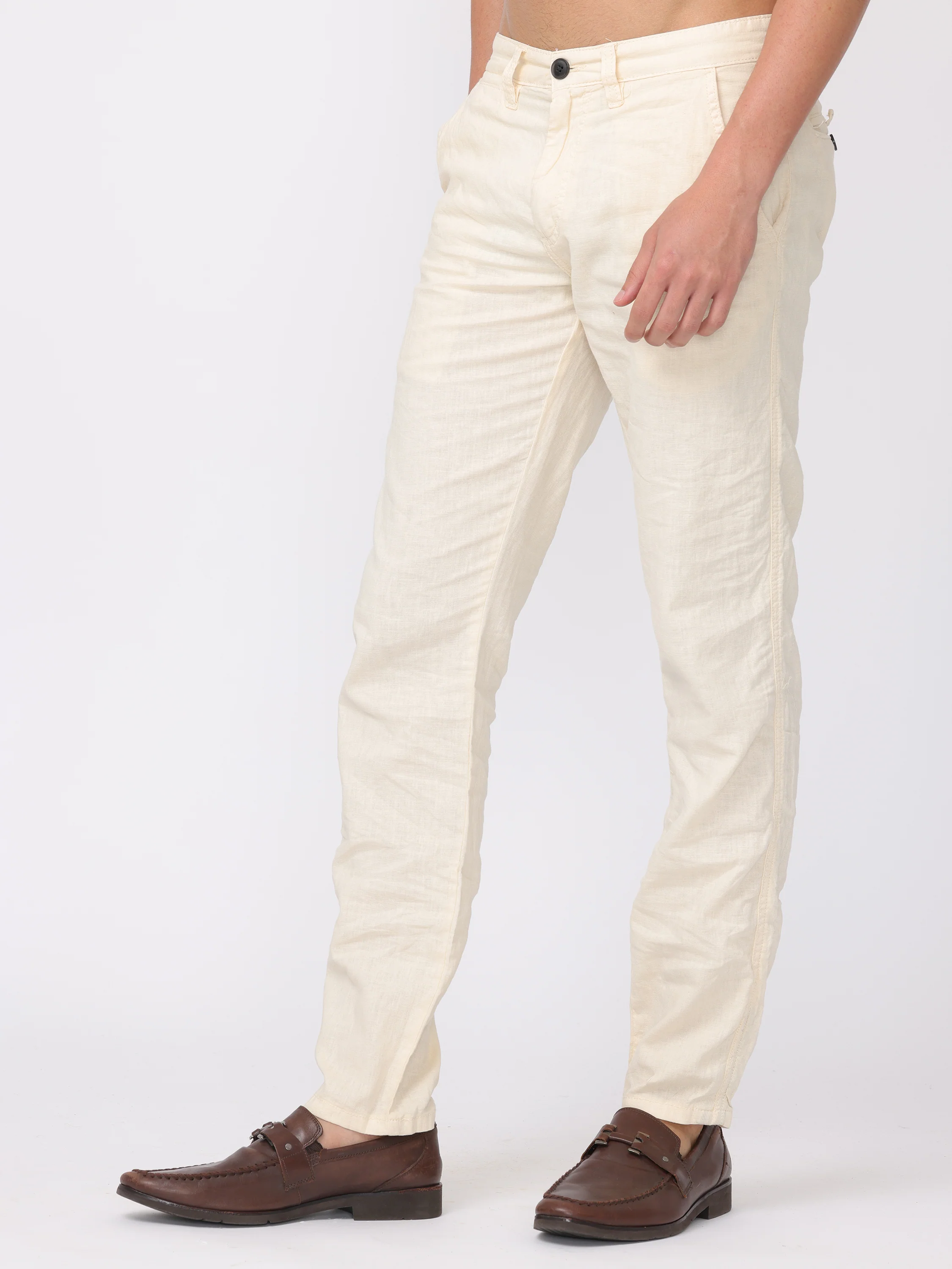 Men Cream Regular Fit Linen Blend Pants - Image 3