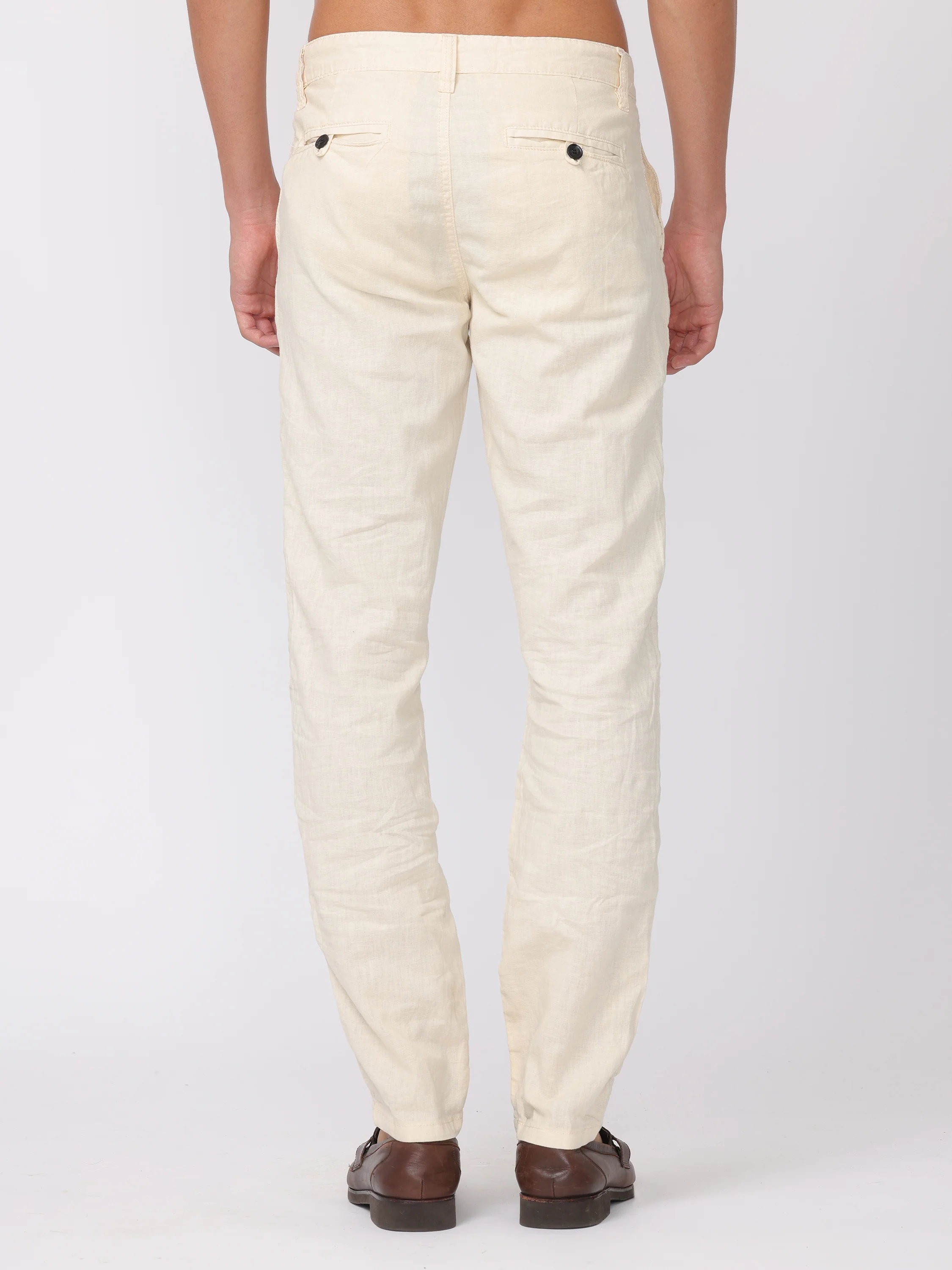 Men Cream Regular Fit Linen Blend Pants - Image 4