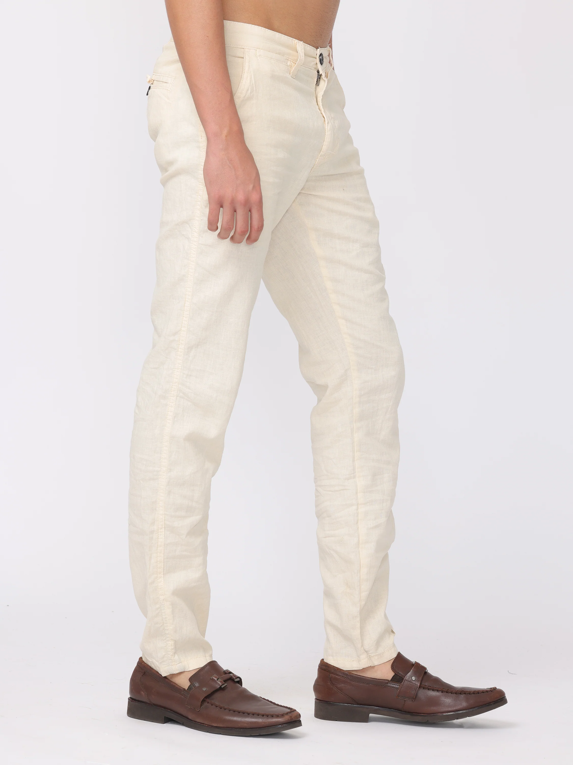 Men Cream Regular Fit Linen Blend Pants - Image 5