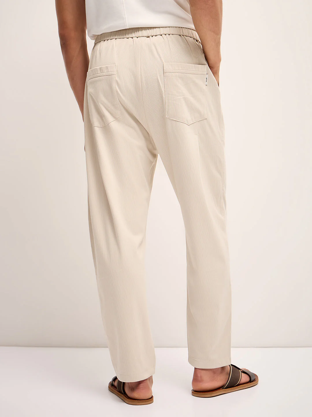 Men Cream Self Design Regular Fit Mid-Rise Casual Pant - Image 2