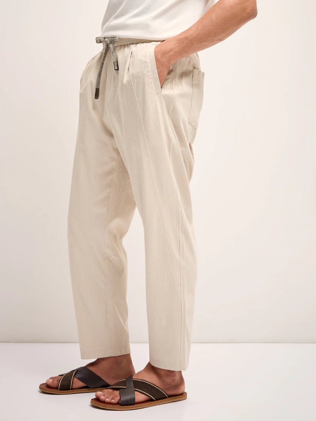 Men Cream Self Design Regular Fit Mid-Rise Casual Pant - Image 3