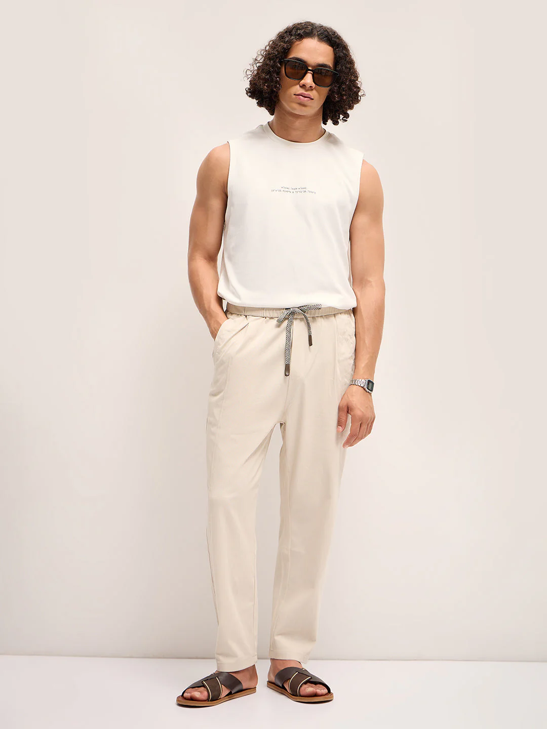 Men Cream Self Design Regular Fit Mid-Rise Casual Pant - Image 4