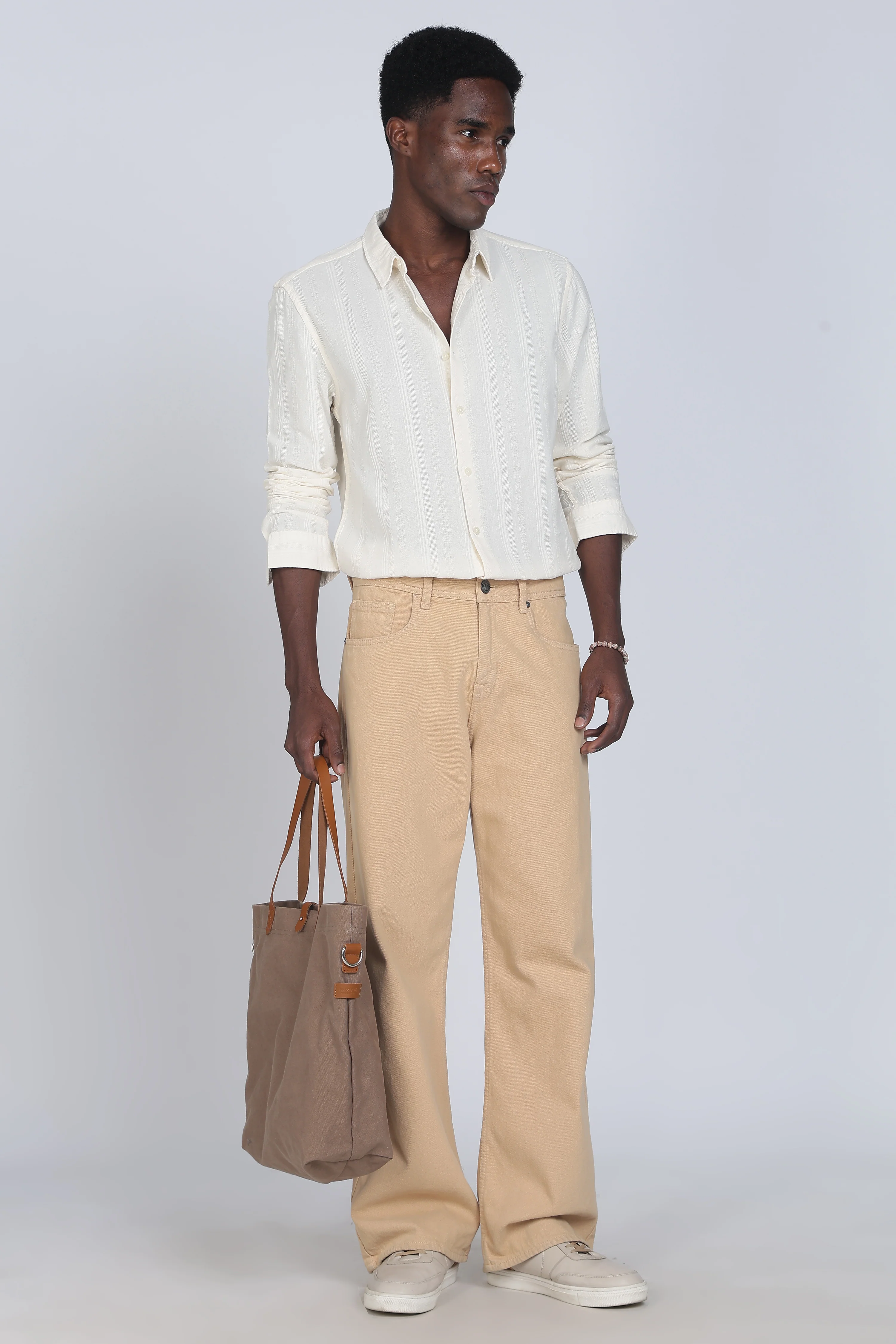 Men Cream Self Design Shirt - Image 10