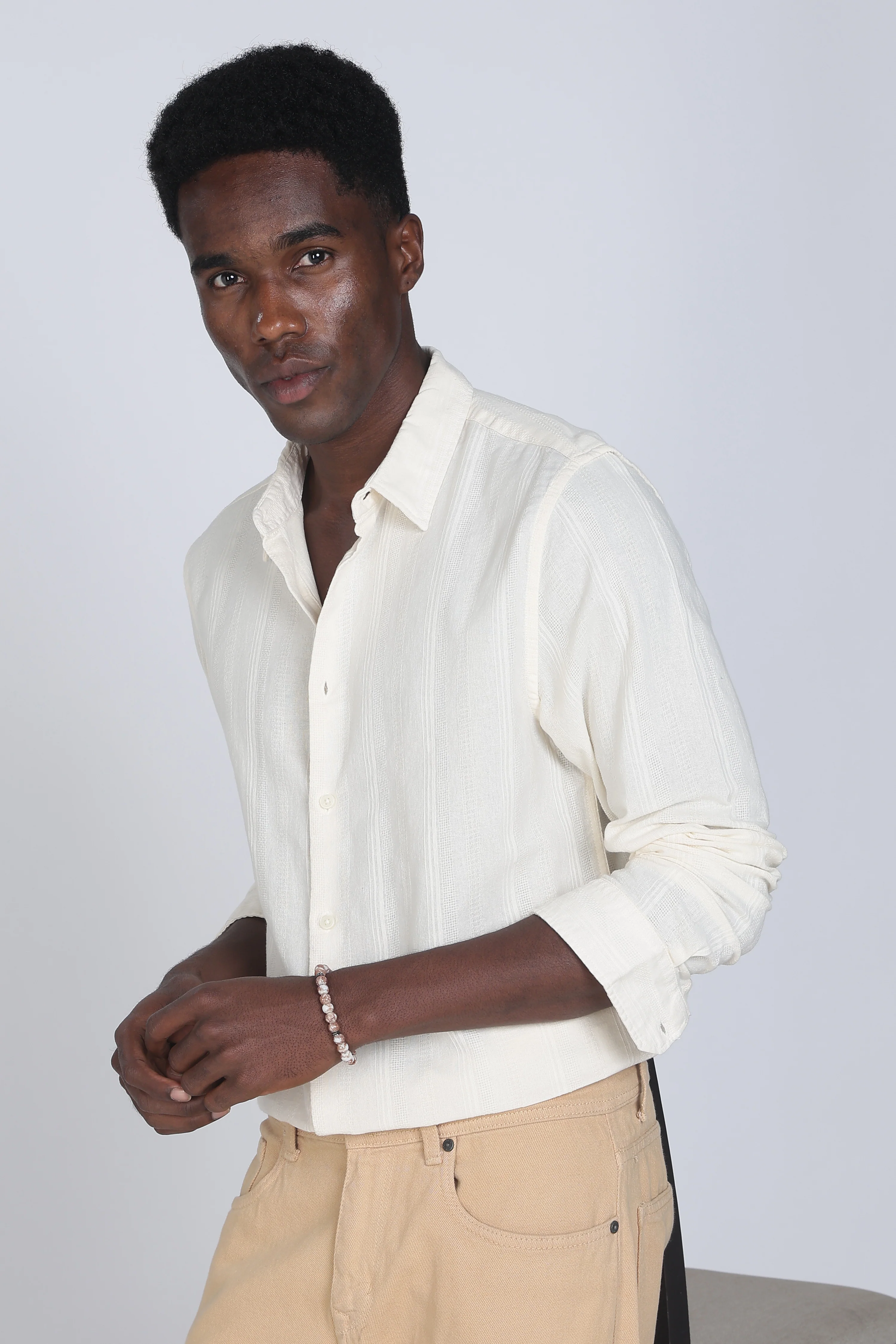 Men Cream Self Design Shirt - Image 2