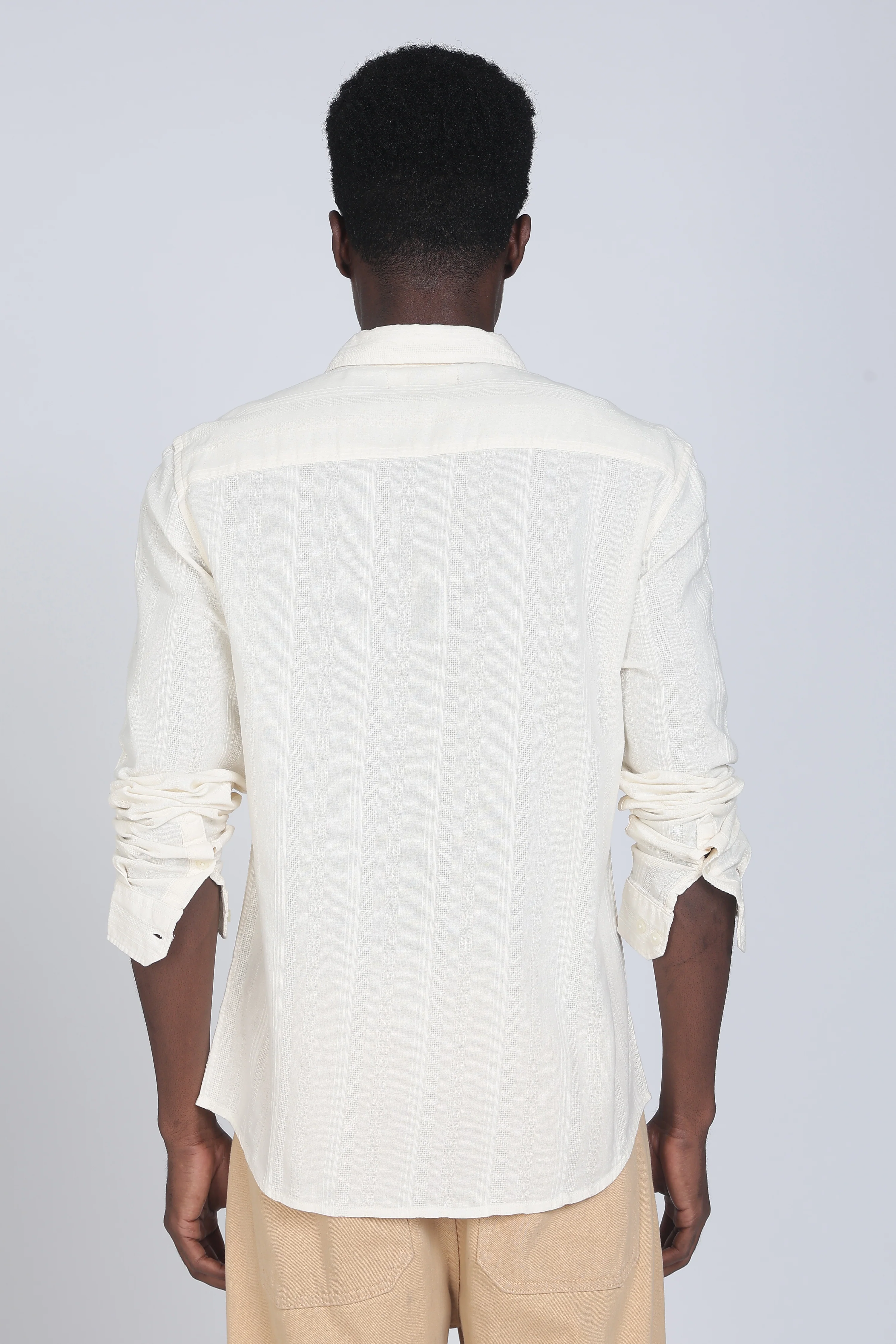 Men Cream Self Design Shirt - Image 3