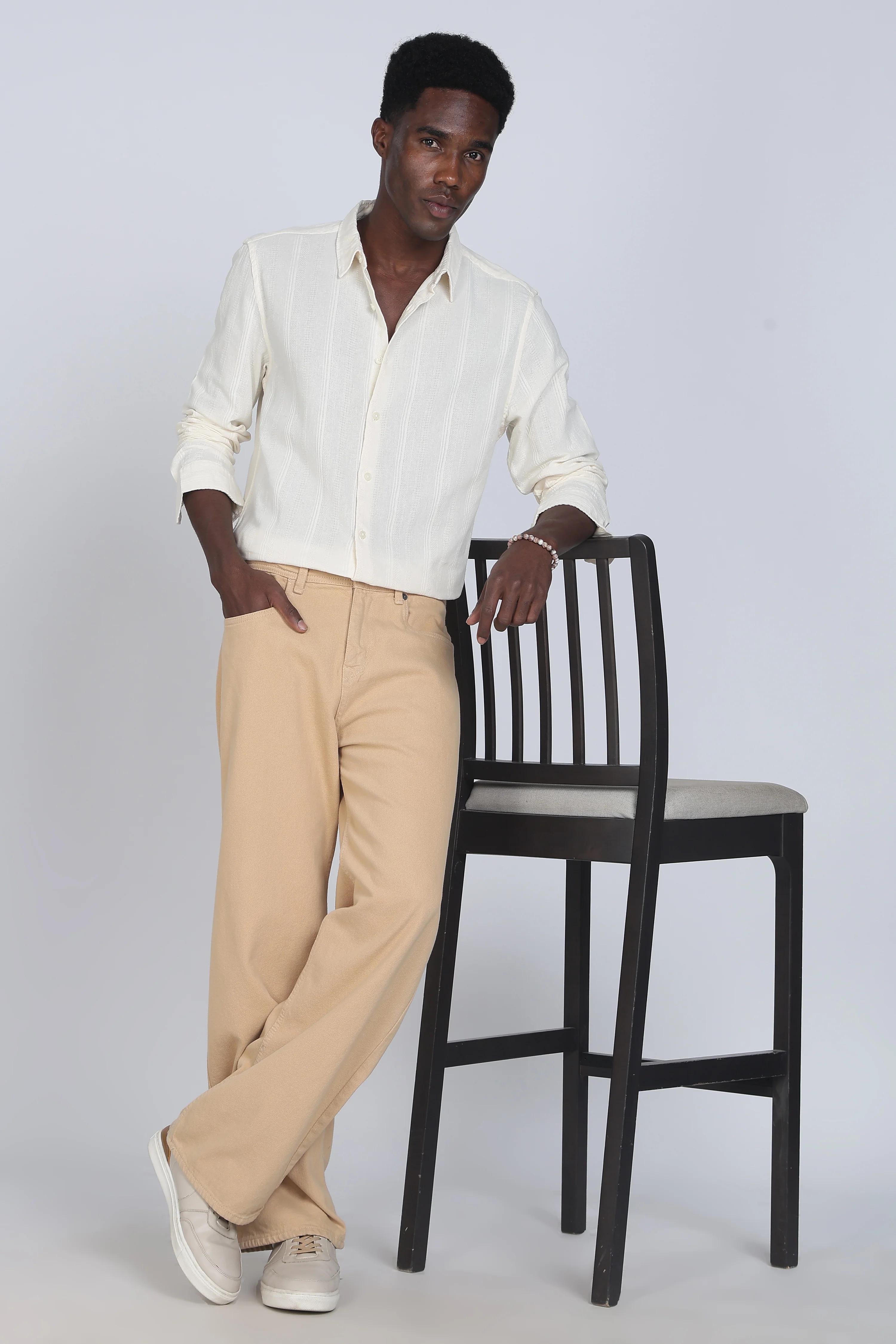 Men Cream Self Design Shirt - Image 5