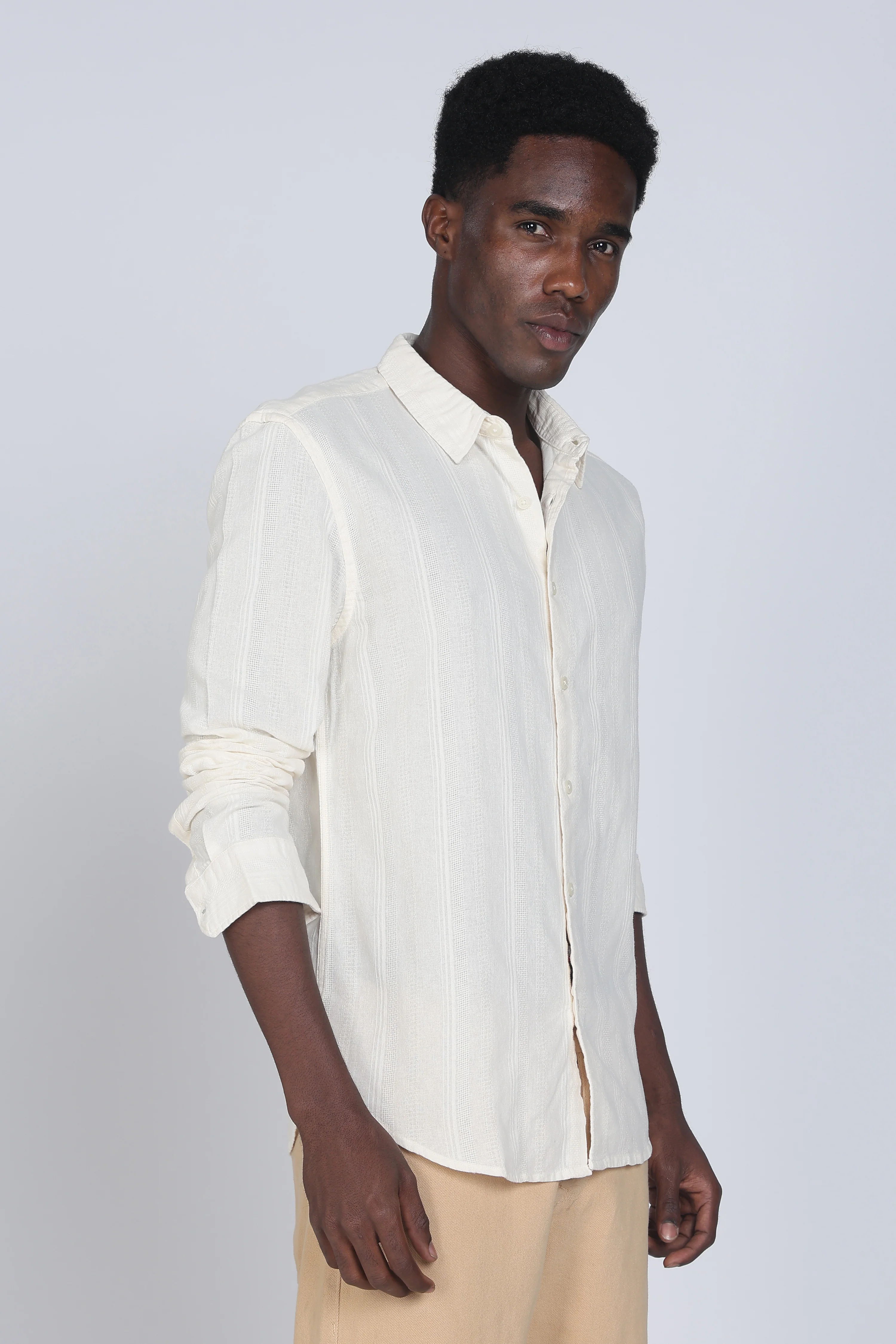 Men Cream Self Design Shirt - Image 7