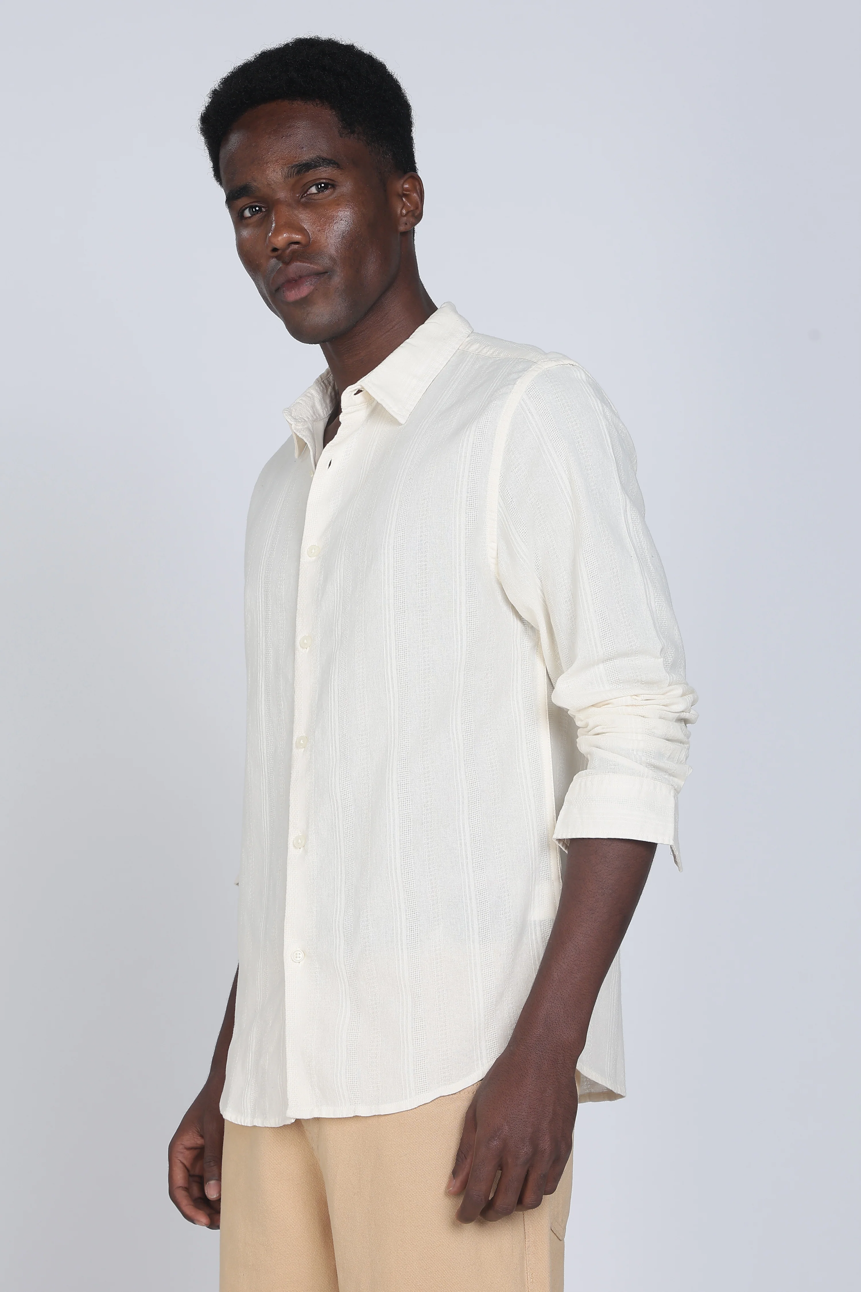 Men Cream Self Design Shirt - Image 8