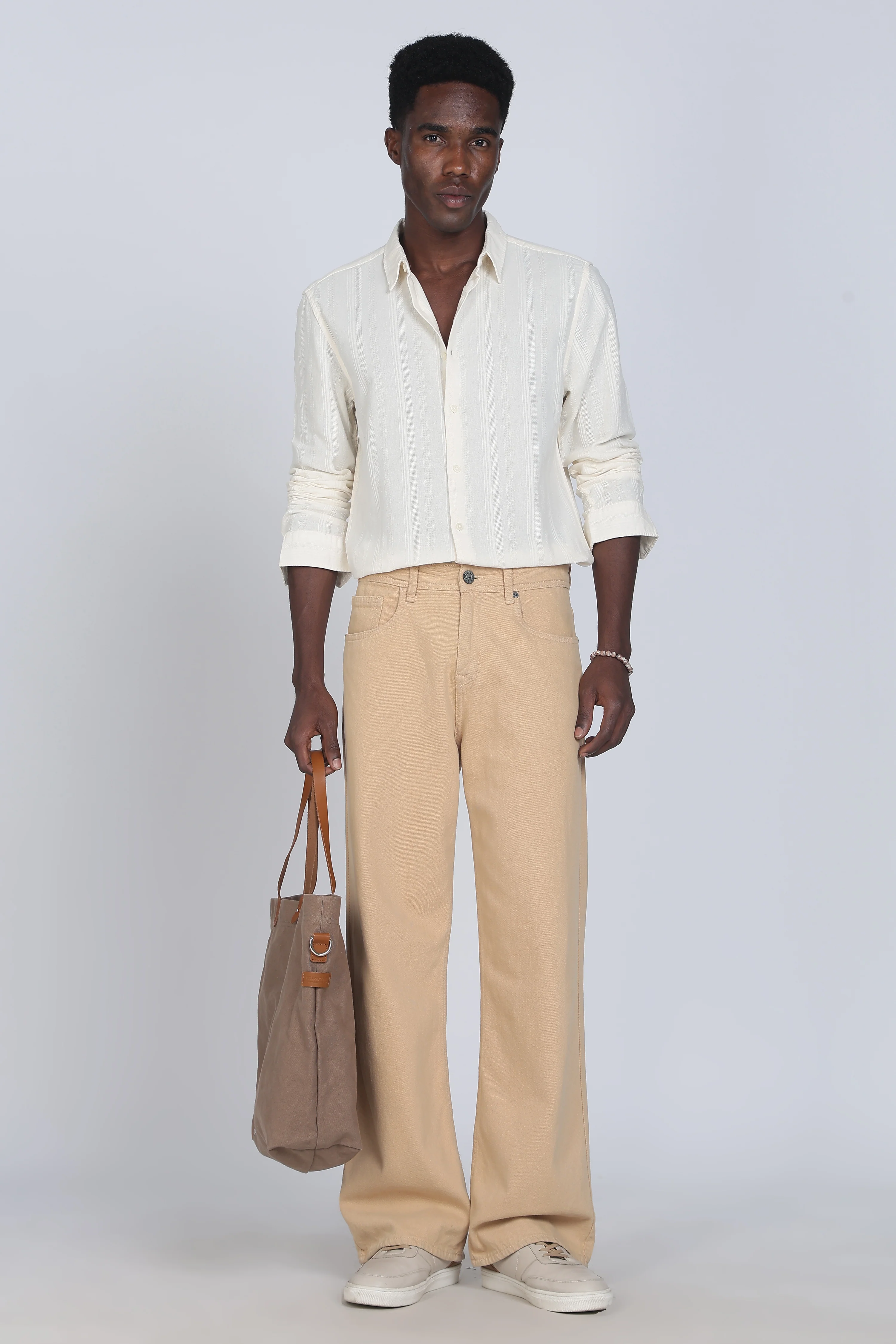 Men Cream Self Design Shirt - Image 9