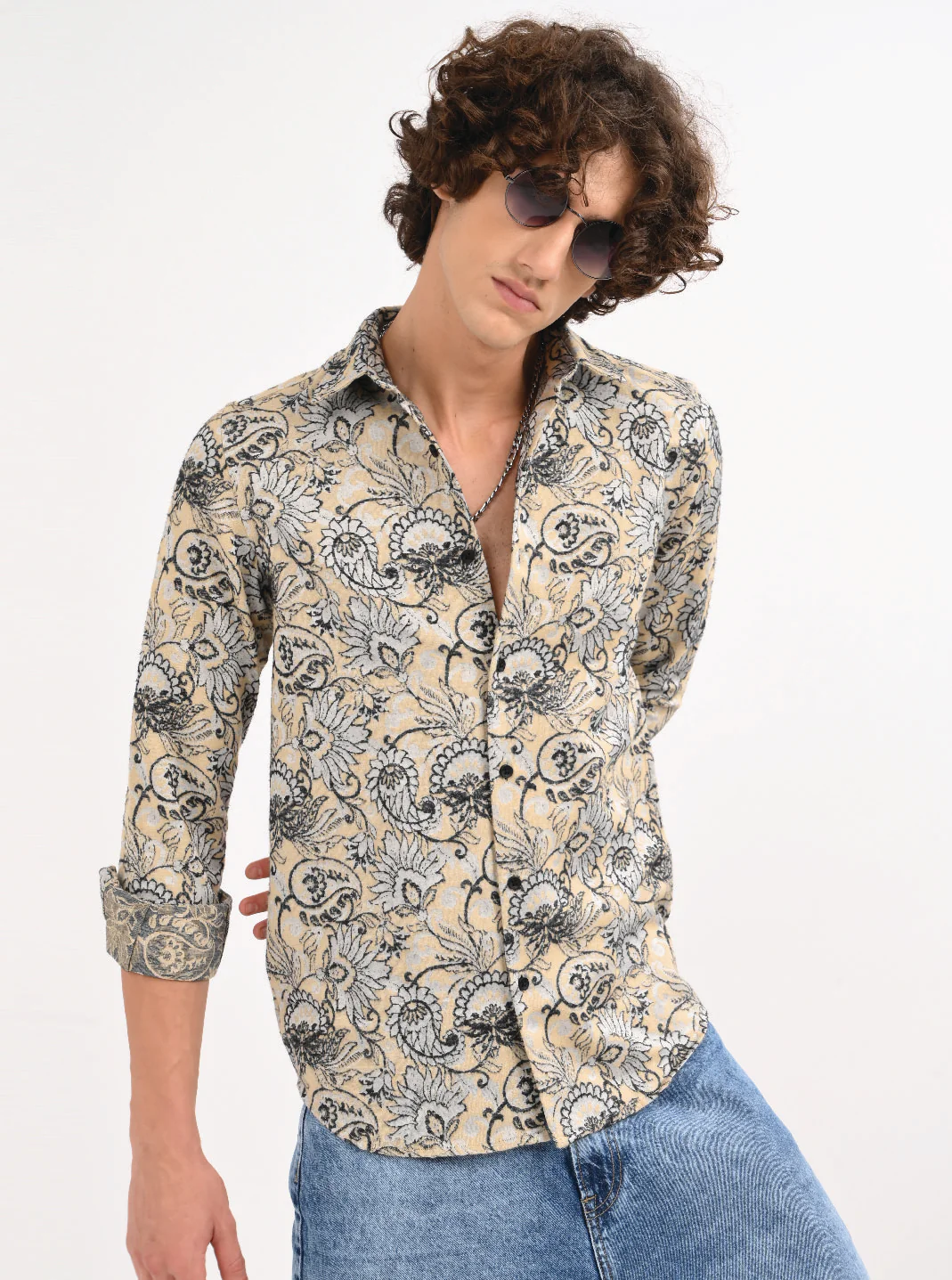 Men Cream Self Jacquard Shirt - Image 2