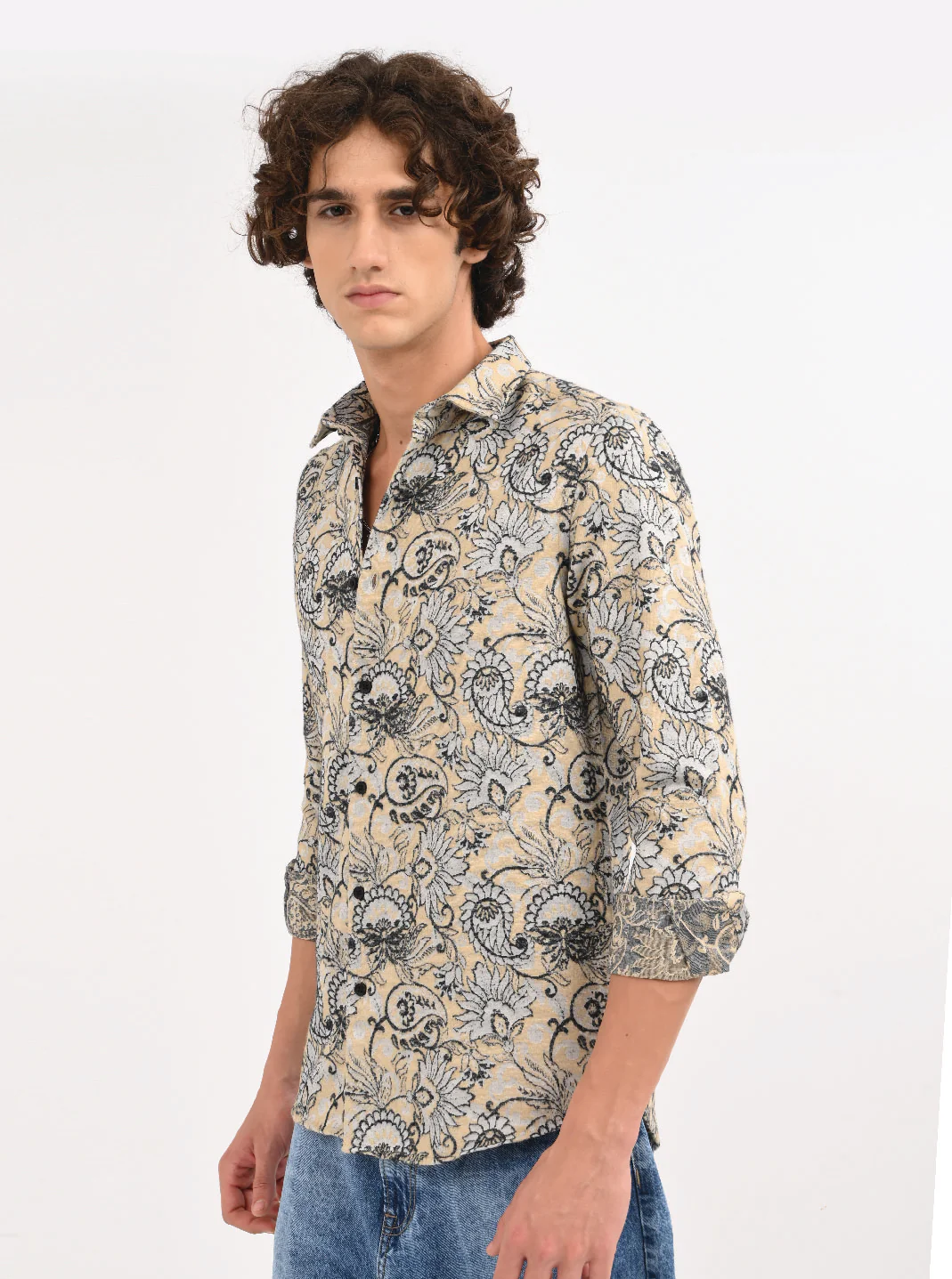 Men Cream Self Jacquard Shirt - Image 3