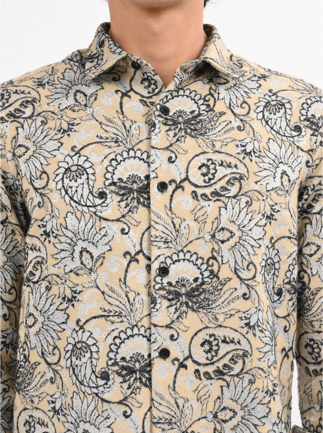 Men Cream Self Jacquard Shirt - Image 4