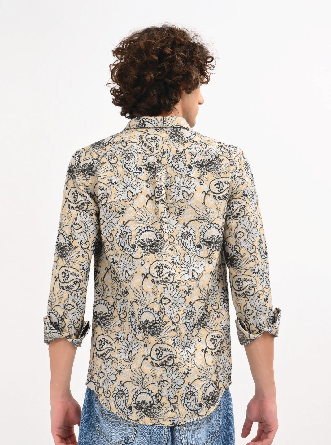 Men Cream Self Jacquard Shirt - Image 5